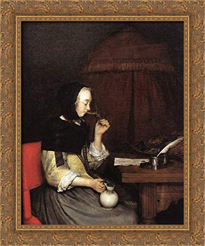Gerard ter Borch Gold Ornate Wood Framed Canvas Art - 20x24 Inches Elegant Woman Drinking Wine Painting - Perfect for Living Room, Dining Room & Home Decor