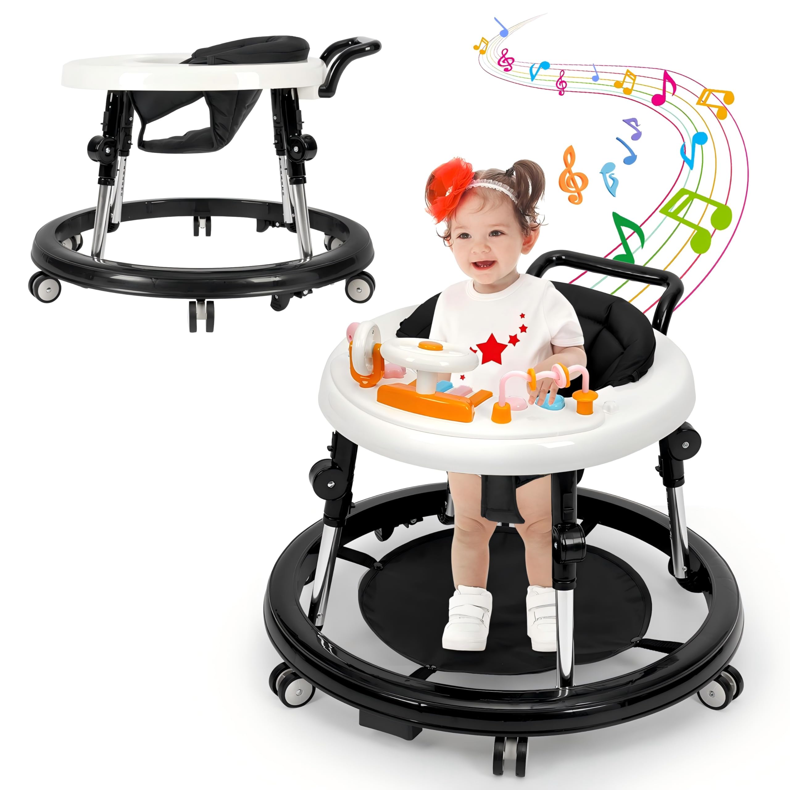 Foldable Baby Walker with Music & Lights - Adjustable 9 Height Levels, Wheels for Easy Mobility - Activity Center for Boys & Girls 7-18 Months - Perfect for Learning to Walk & Indoor Playtime