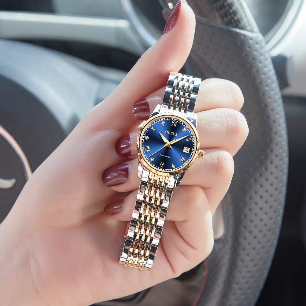 OLEVS Women's Automatic Diamond Watch - Stainless Steel Self-Winding Ladies Dress Watch with Luminous Hands & Waterproof Design - Perfect for Business, Evening Events & Everyday Wear