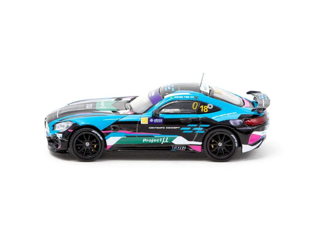 Tarmac Works 1:64 Scale Mercedes AMG GT4 Diecast Model Car - 2019 Greater Bay Area GT Cup Macau Winner #18 - Collectible Racing Car for Display & Gifts