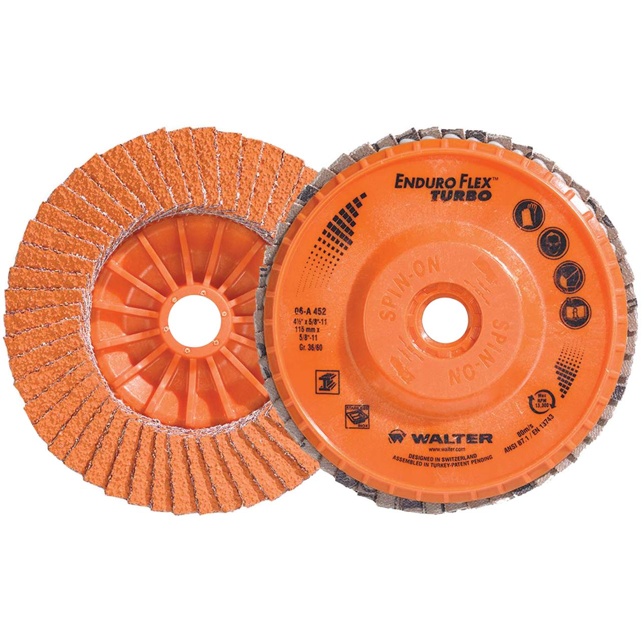 Walter 06A452 4-1/2x5/8-11 Enduro-Flex Turbo Spin-On Discs - 10 Pack Fast Grinding & Blending Flap Discs, Grit 36/60, Type 27S - Perfect for Metalworking, Wood Sanding & Surface Preparation