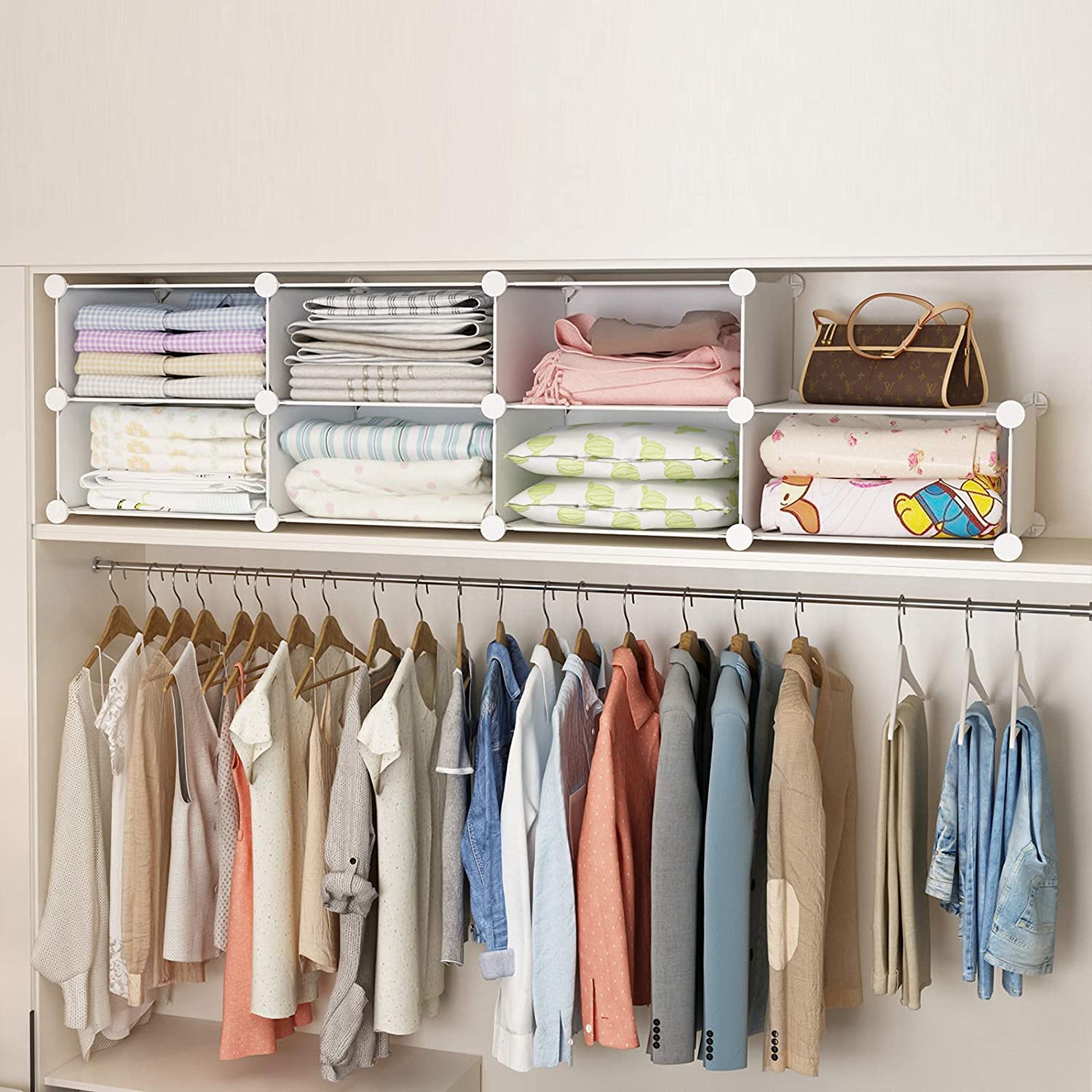 Aeitc 6-Shelf Stackable Closet Organizer - Adjustable Space Saving Storage Shelf for Clothes, Shoes & Accessories - White (18 Sections) - Perfect for Bedroom, Walk-in Closet & Small Space Organization