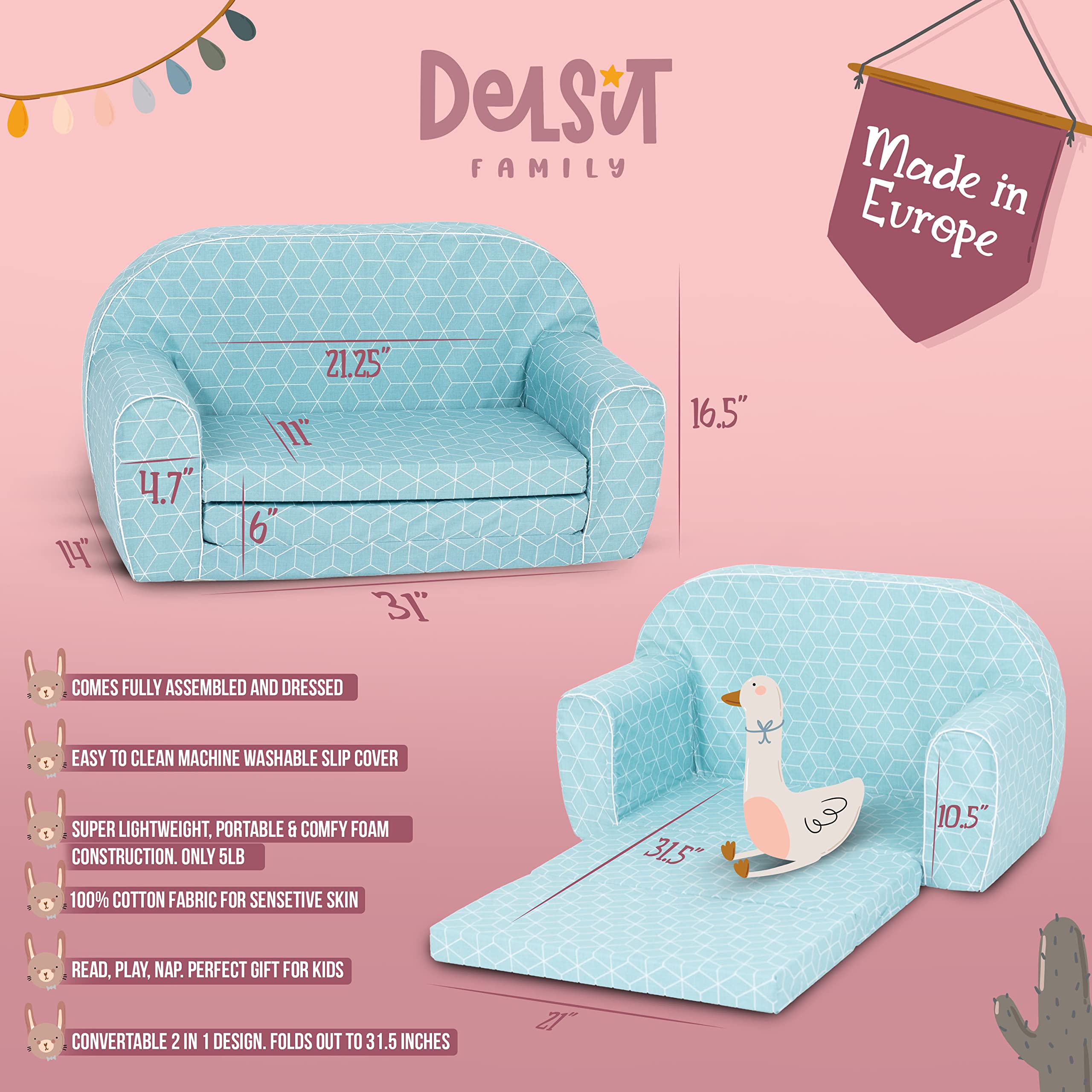 Delsit Kids Couch for Toddlers - 2 in 1 Convertible Foam Sofa to Lounger, Comfy Flip Out Lounge Chair for Children, Made in Europe - Perfect for Playroom, Nursery, or Kids Bedroom