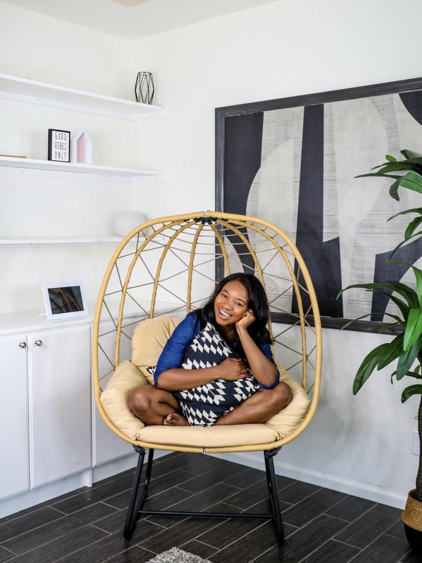 YITAHOME Beige PE Rattan Egg Chair with Stand & Cushion - Indoor/Outdoor Hanging Lounge Chair for Patio, Garden, Backyard, Porch - Perfect for Relaxing, Reading & Sunbathing