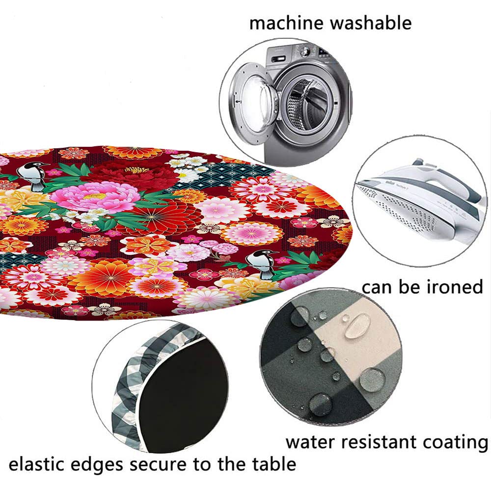 Floral Round Tablecloth with Elastic Edge - Waterproof & Wipeable Seamless Patchwork Design - Perfect for 32 Inch Tables - Ideal for Buffet Parties, Camping, and Home Decor