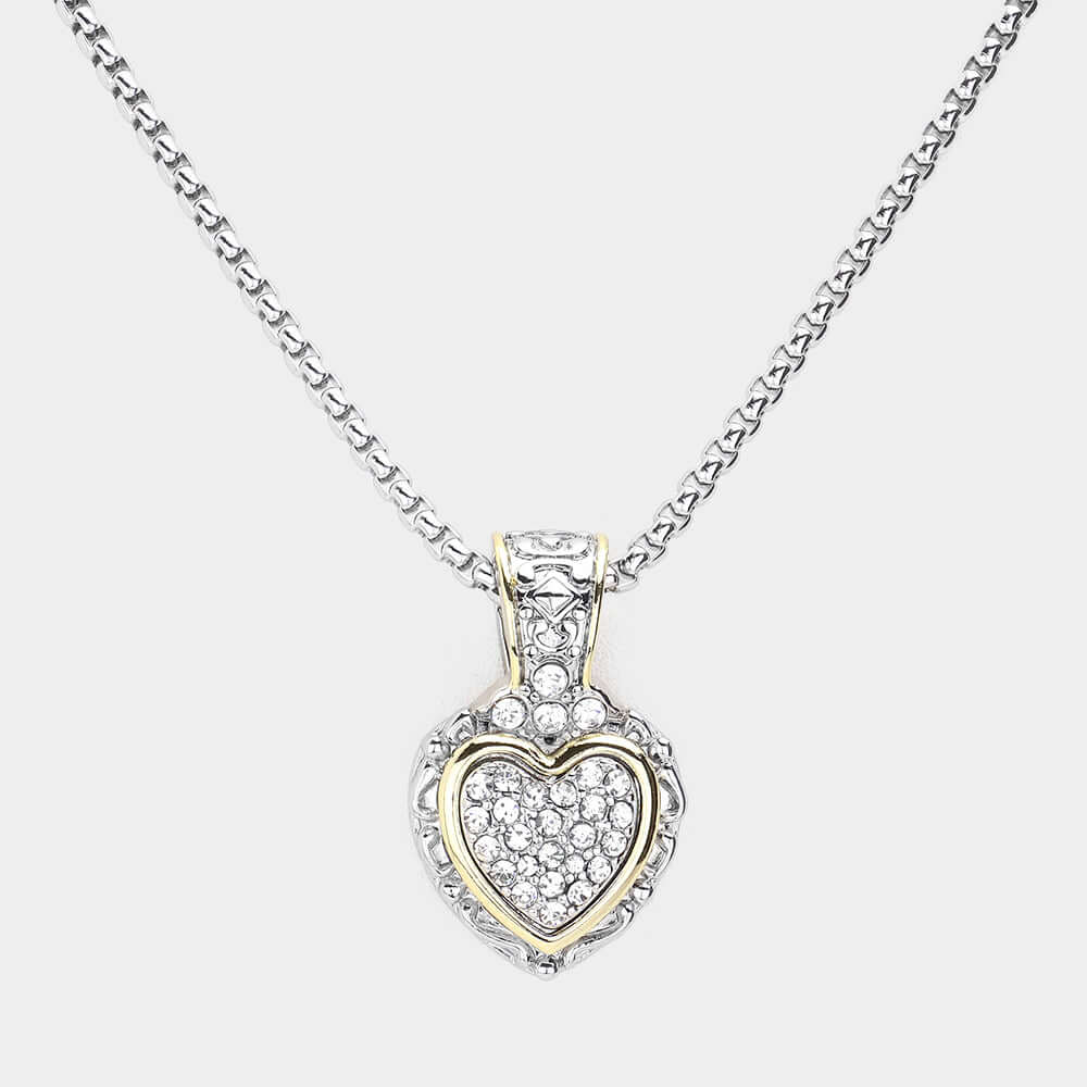 14K Gold Plated Two-Tone Heart Pendant Necklace with Stone Accents - Elegant Jewelry Gift for Women, Perfect for Valentine's Day, Anniversary & Special Occasions