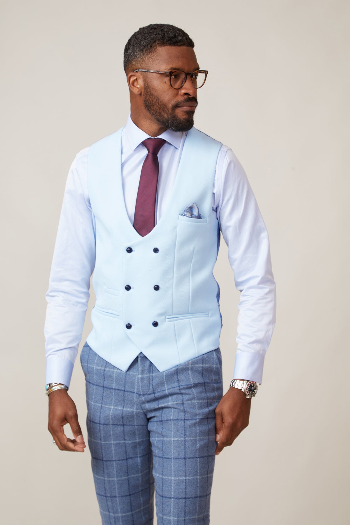 Stylish Sky Blue Double Breasted Waistcoat for Men | KELVIN Formal Vest | Perfect for Weddings, Business Meetings & Office Wear