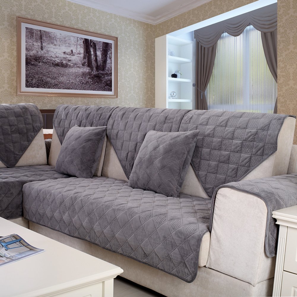 Premium Flannel Sofa Slipcover - Solid Gray Anti-Skid Thickened Couch Cover (90x120cm/35x47in) - All-Inclusive Furniture Protector for Living Room, Bedroom & Home Decor