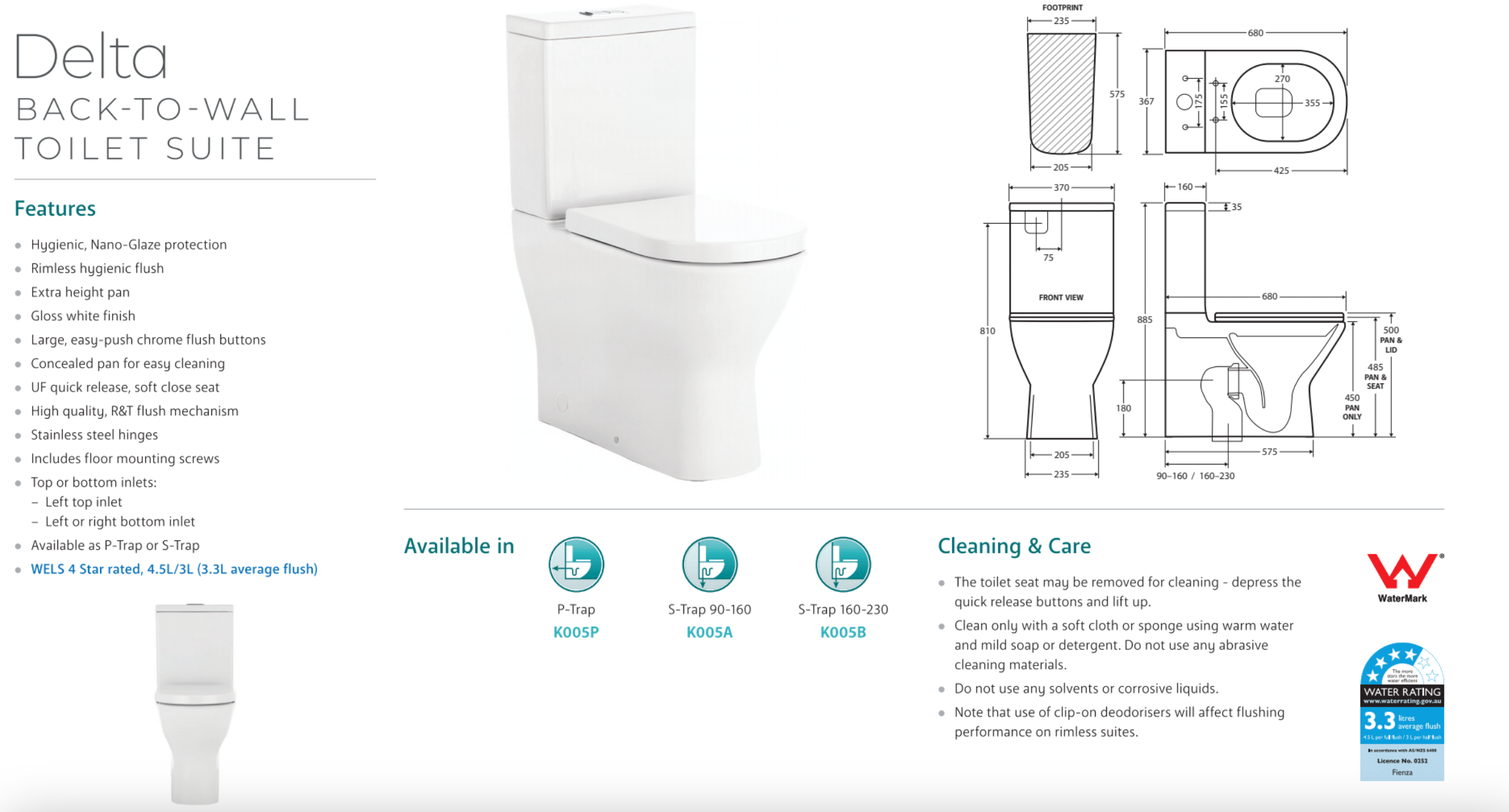 Fienza K005A Delta S Trap 90 160mm White Toilet Suite with Chrome Buttons - Perfect for Modern Bathrooms, Small Spaces & Water-Saving Homes