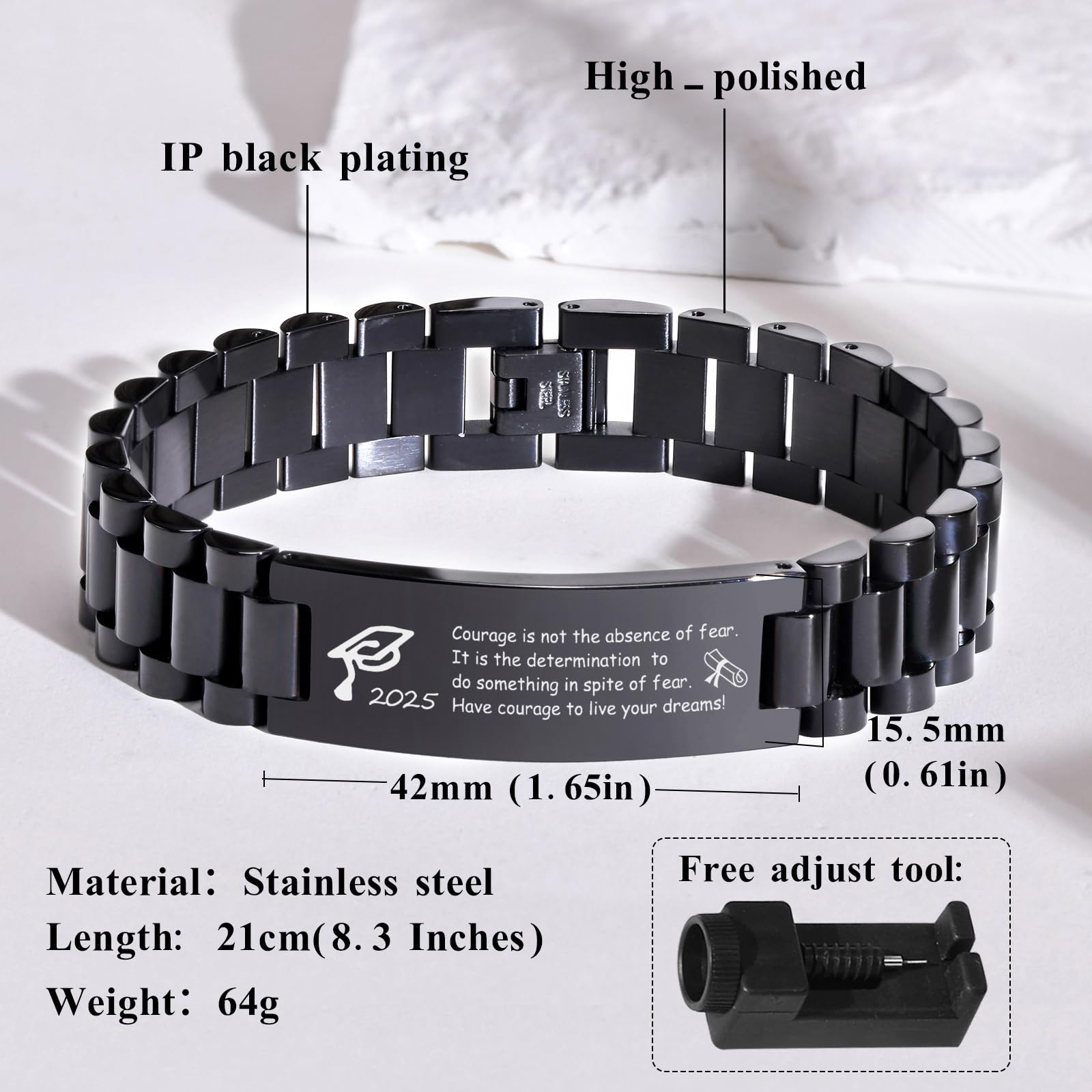 Custom Graduation Bracelet for Men - Inspirational Class of 2025 Gift - Stainless Steel Link Bracelet for College Graduates - Personalized Graduation Gift for Him - Perfect for Commencement Ceremonies & Alumni Celebrations
