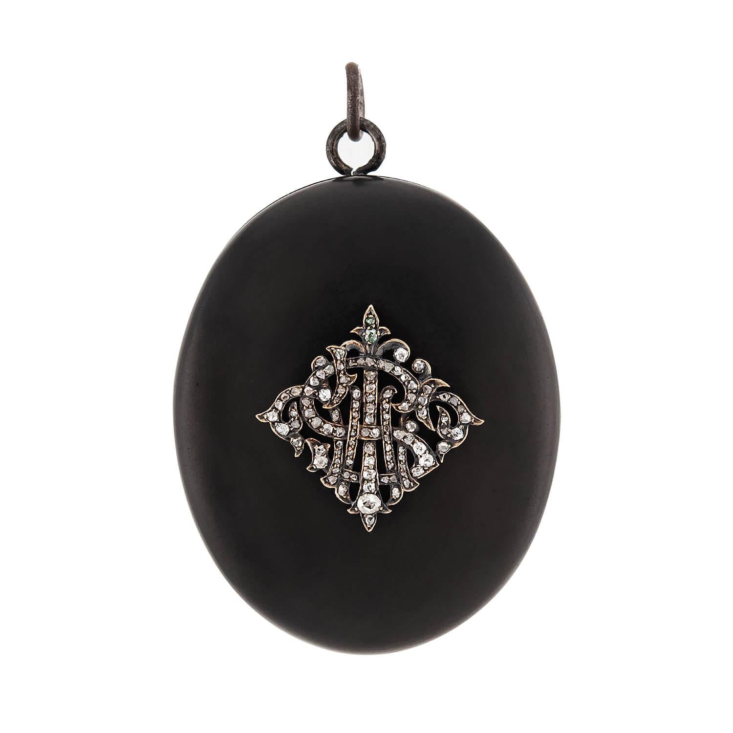 Victorian Sterling Silver Gutta Percha Diamond Locket Pendant Necklace - Antique Jewelry for Women, Elegant Gift for Wedding, Anniversary & Special Occasions
