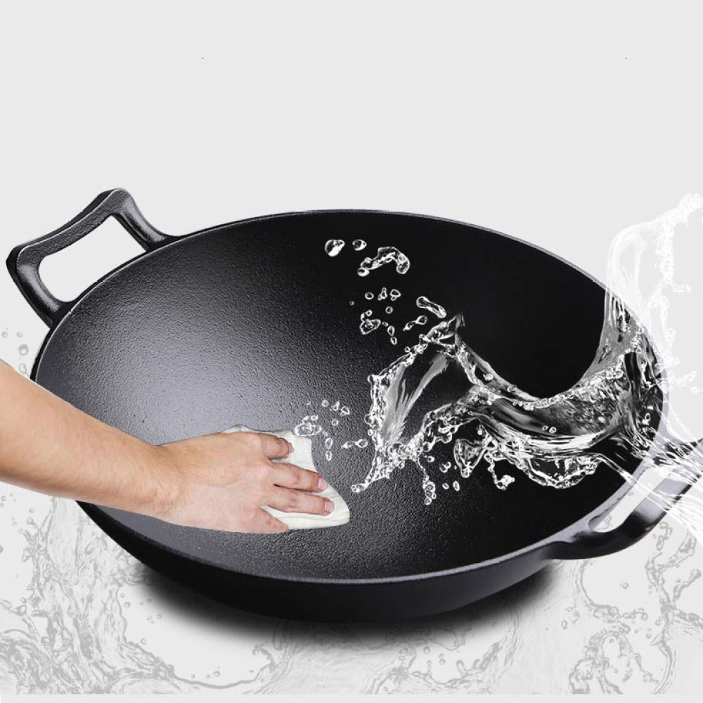 **36cm Traditional Cast Iron Wok Pan - Uncoated Thickened Round Bottom Double-Ear Design for Stir-Frying, Deep Frying & Home Cooking - Durable Household Pig Iron Pot for Professional & Everyday Use**