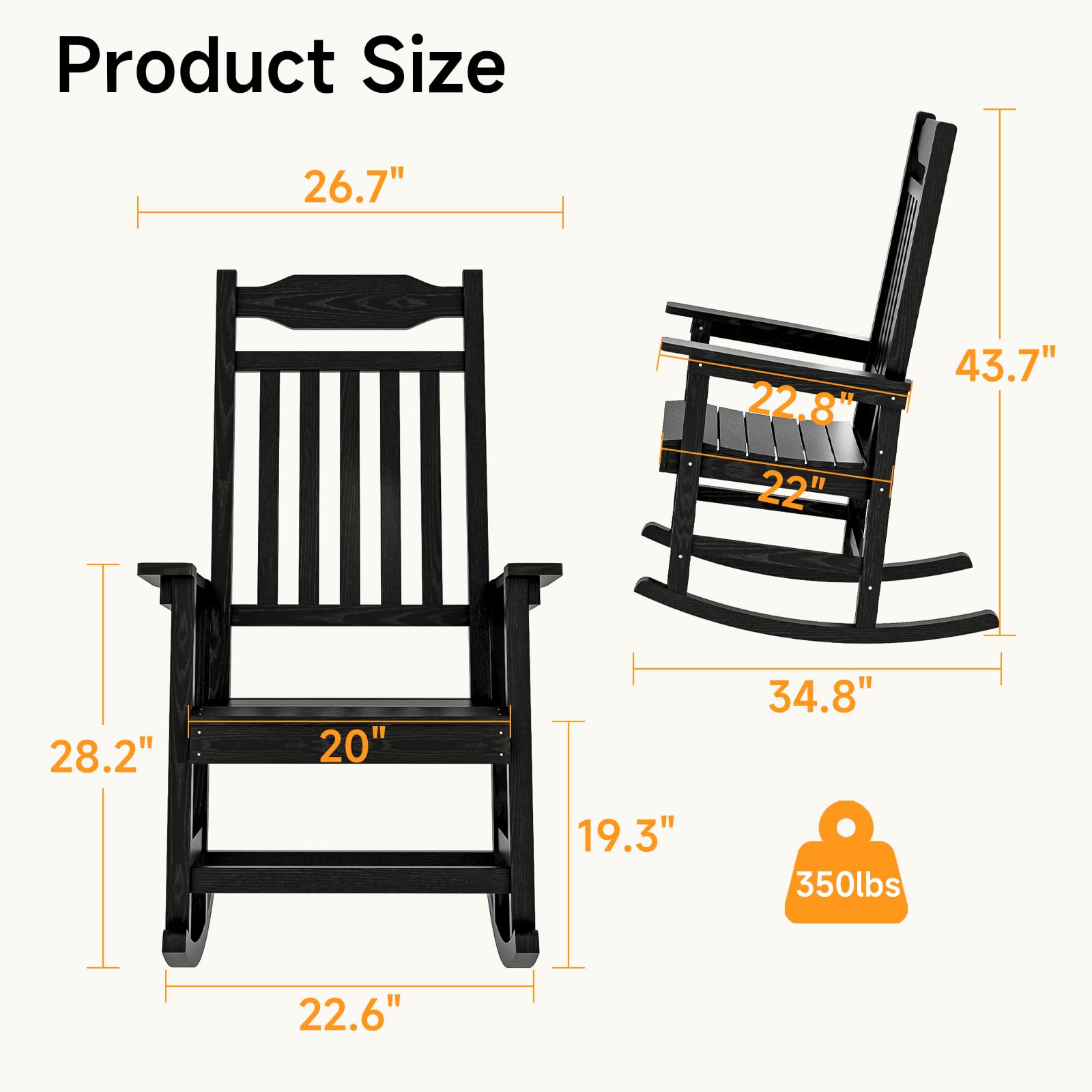 All-Weather Resistant HDPS Poly Outdoor Rocking Chair - 350 lbs Weight Capacity, Durable Front Porch Rocker for Patio, Garden & Indoor Use - Black