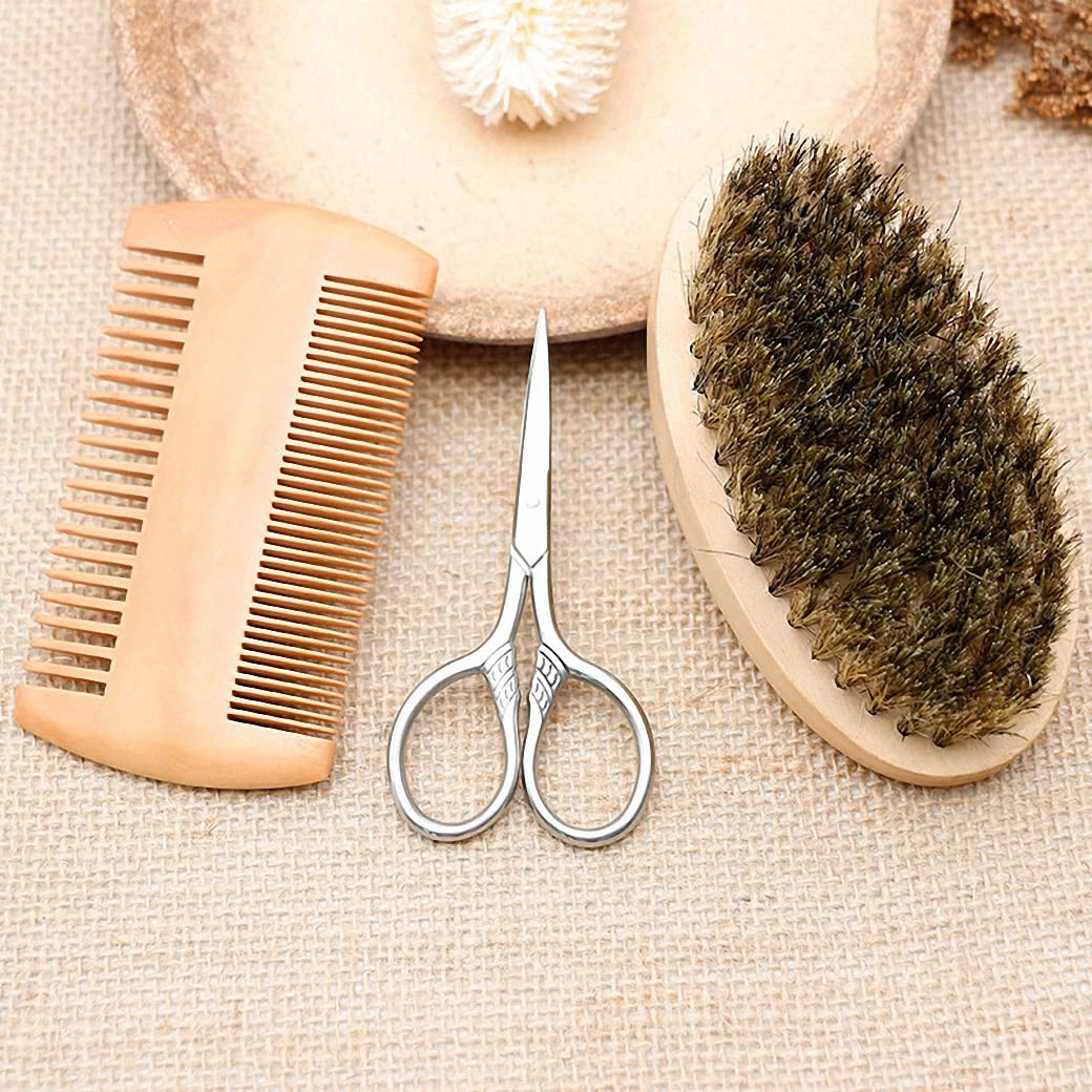 Premium Beard Grooming Kit for Men - Boar Bristle Brush, Bamboo Comb & Mustache Scissors Set | Beard Straightener, Softener & Styling Tools | Perfect for Daily Care, Travel & Gifts
