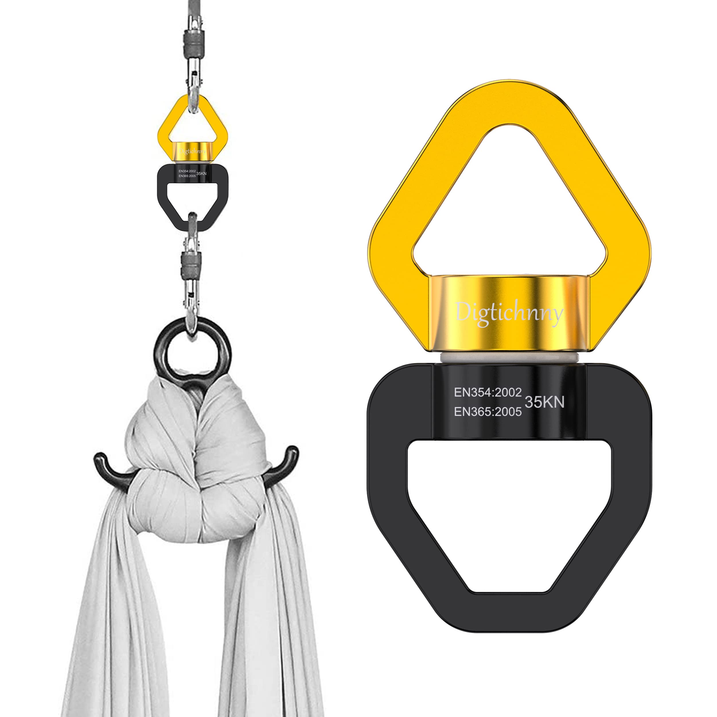 Heavy Duty 35KN Swing Swivel - Rotational Safety Device for Tree Rope Swing, Aerial Yoga, Hammock Hanging - Includes 2 Black Gold Carabiners - Perfect for Backyard Play, Circus Training & Outdoor Adventure Gear