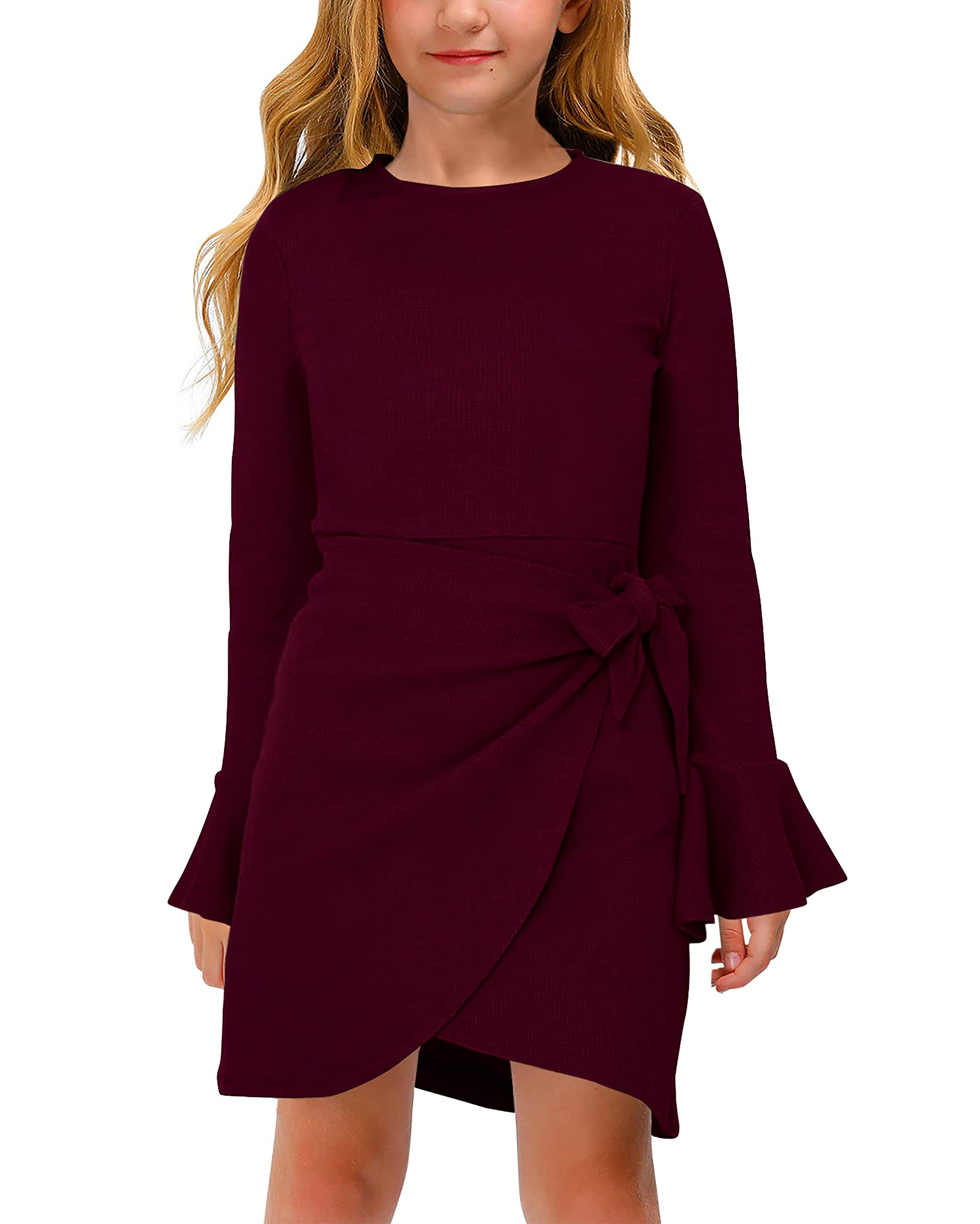 Girl's Midi Dresses - Solid Color Waffle Knit Flared Long Sleeve Belted Dress for Kids | Casual School Wear, Birthday Party Outfit, Holiday Family Photos