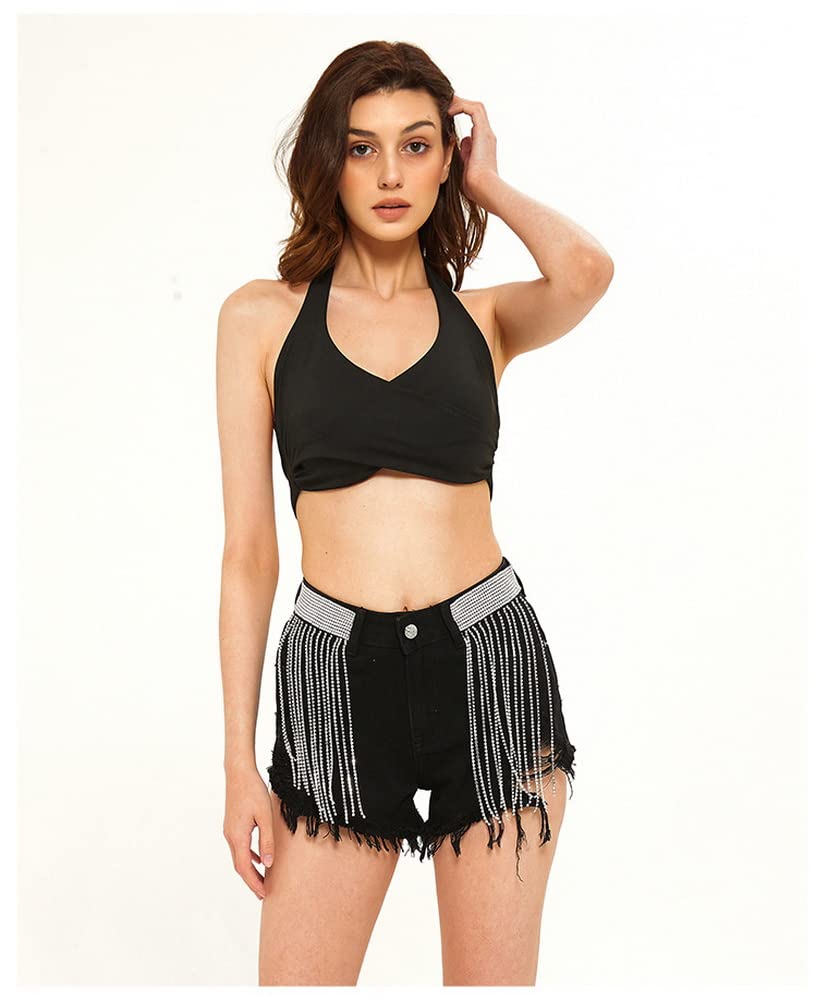 COMLIFE Women's Sexy Rhinestone Fringe Denim Shorts - High Waist Wide Leg Jean Shorts with Tassels for Summer | Perfect for Beach, Music Festivals & Night Out