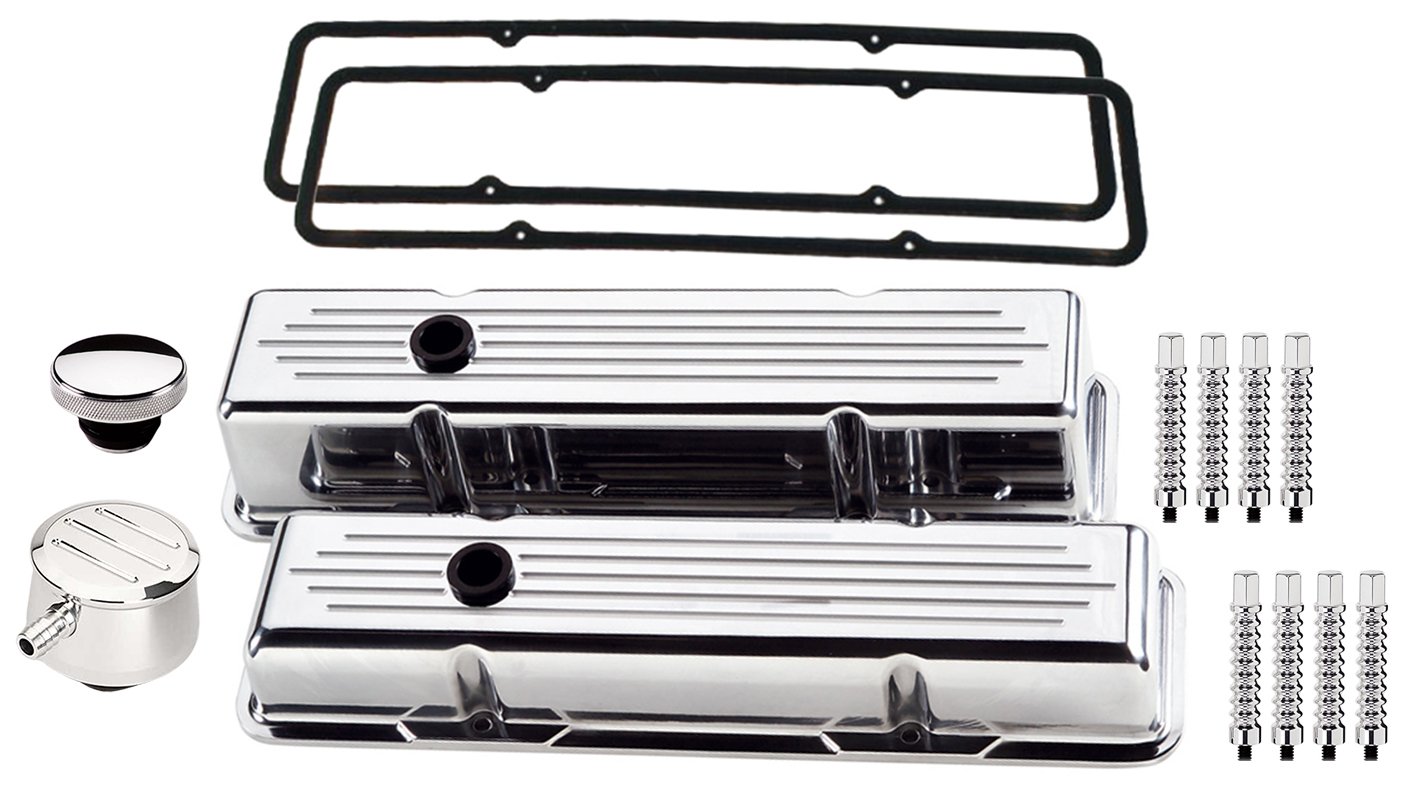 Billet Specialties Small Block Chevy Polished Aluminum Valve Cover Set - Ball Milled Covers with PCV Breather, Oil Fill Cap, Ribbed Hold Downs & Permalign Gaskets - Perfect for Chevy Engine Upgrades & Performance Builds