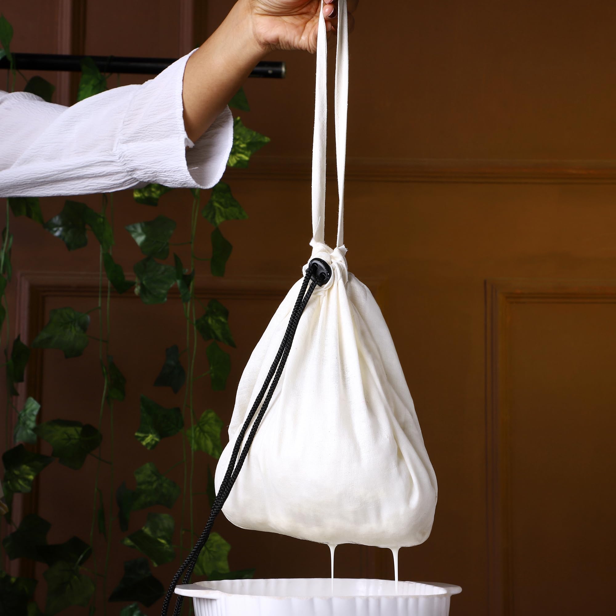Organic Cotton Cheese Cloth Nut Milk Bag with Hanging Handle & Drawstring Lock | Unbleached Chemical-Free Muslin Cloth | Reusable Strainer for Almond Milk, Yogurt, Juicing | Perfect for Vegan, Gluten-Free Cooking & Kitchen Needs