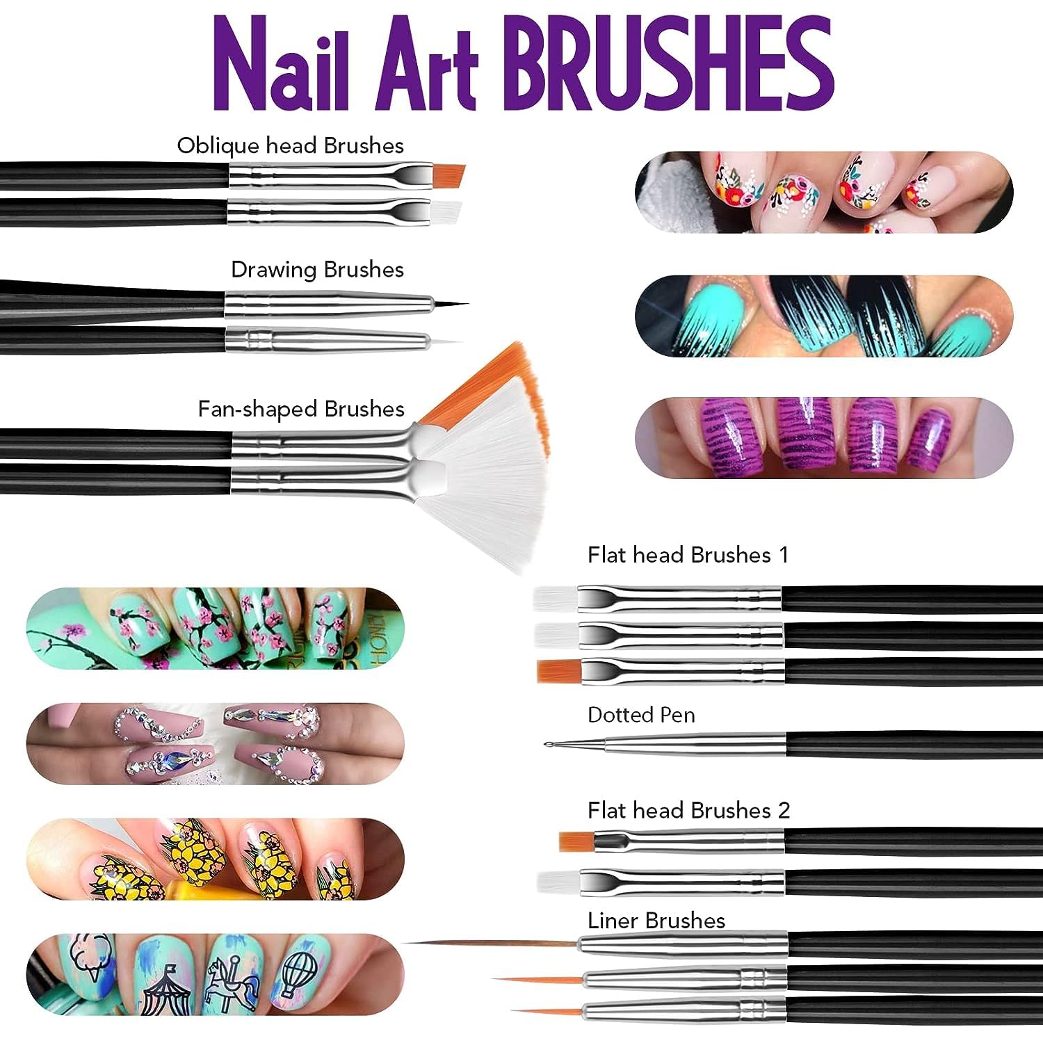 Gleevia Professional Nail Art Brushes Set - Nail Design Kit with Dotting Pens, Stickers, Butterfly Sequins, Foils, Iridescent Flakes & Rhinestones for DIY Manicure - Perfect for Home Salon, Party Nails & Professional Nail Artists (Black)