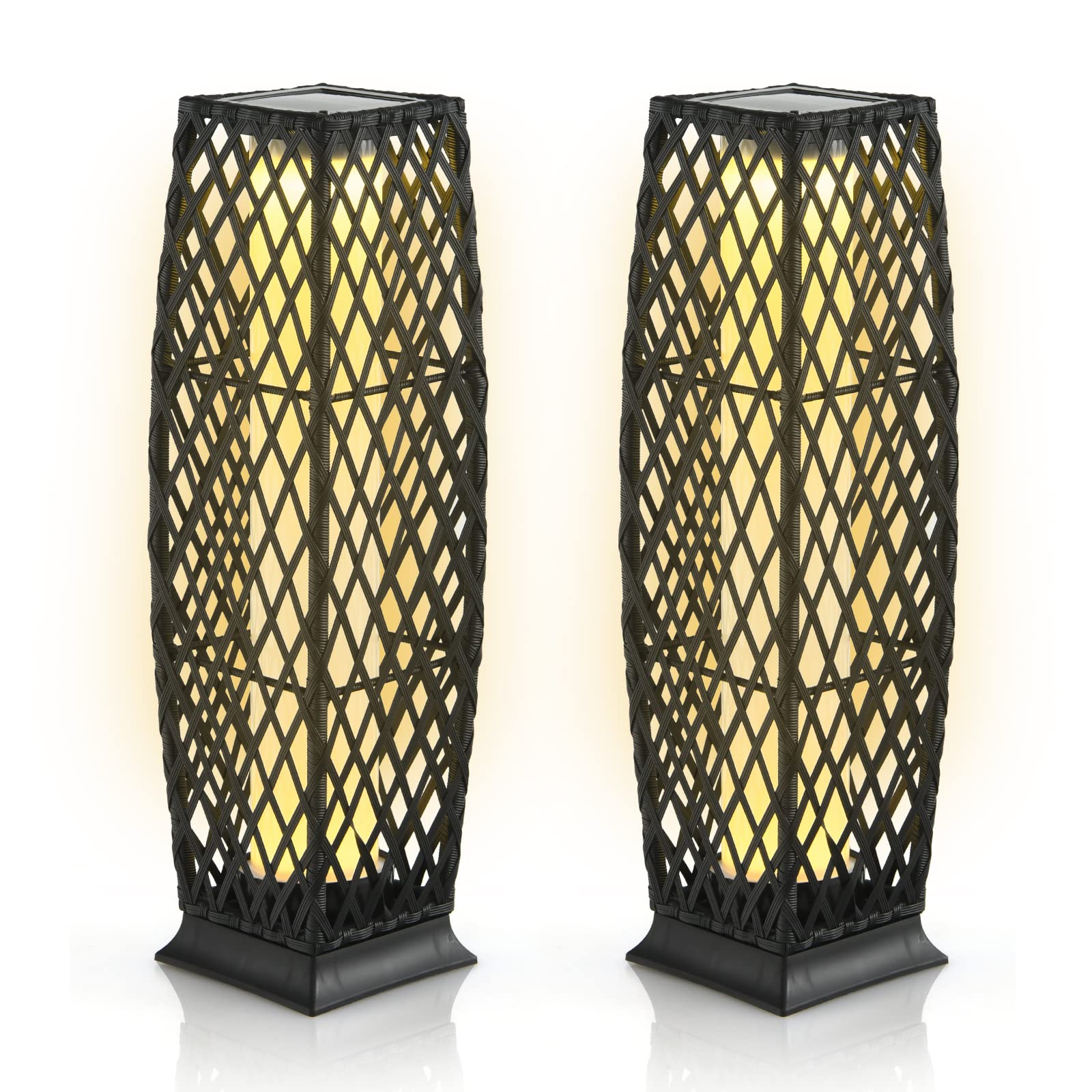 Tangkula 2 Pack Solar Powered Outdoor Floor Lamps - IP65 Waterproof Wicker LED Lanterns with Auto On/Off for Garden, Porch, Pool, Pathway & Driveway Decor (Diamond Black) | Perfect for Patio Lighting, Landscape Illumination & Backyard Ambiance