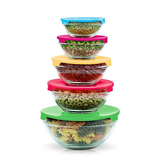 Stackable Glass Lunch Bowls with Multi-Color Lids - 5-Piece Set for Meal Prep, Food Storage & Office Lunch | BPA-Free, Microwave & Dishwasher Safe