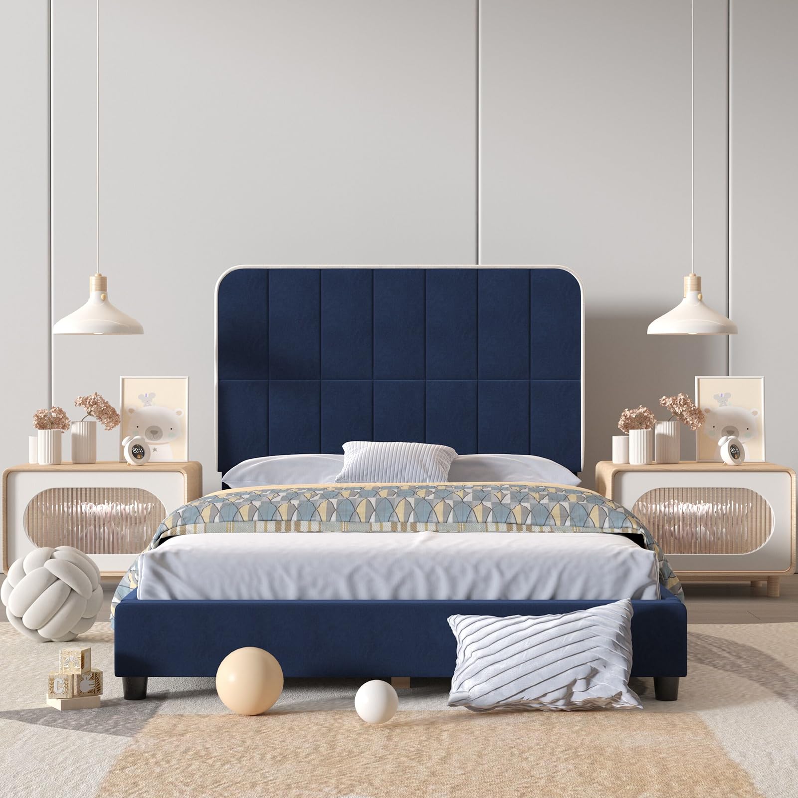 Adjustable Height Toddler Beds - Upholstered Twin Bed Frame for Kids & Girls, Fits Standard 75