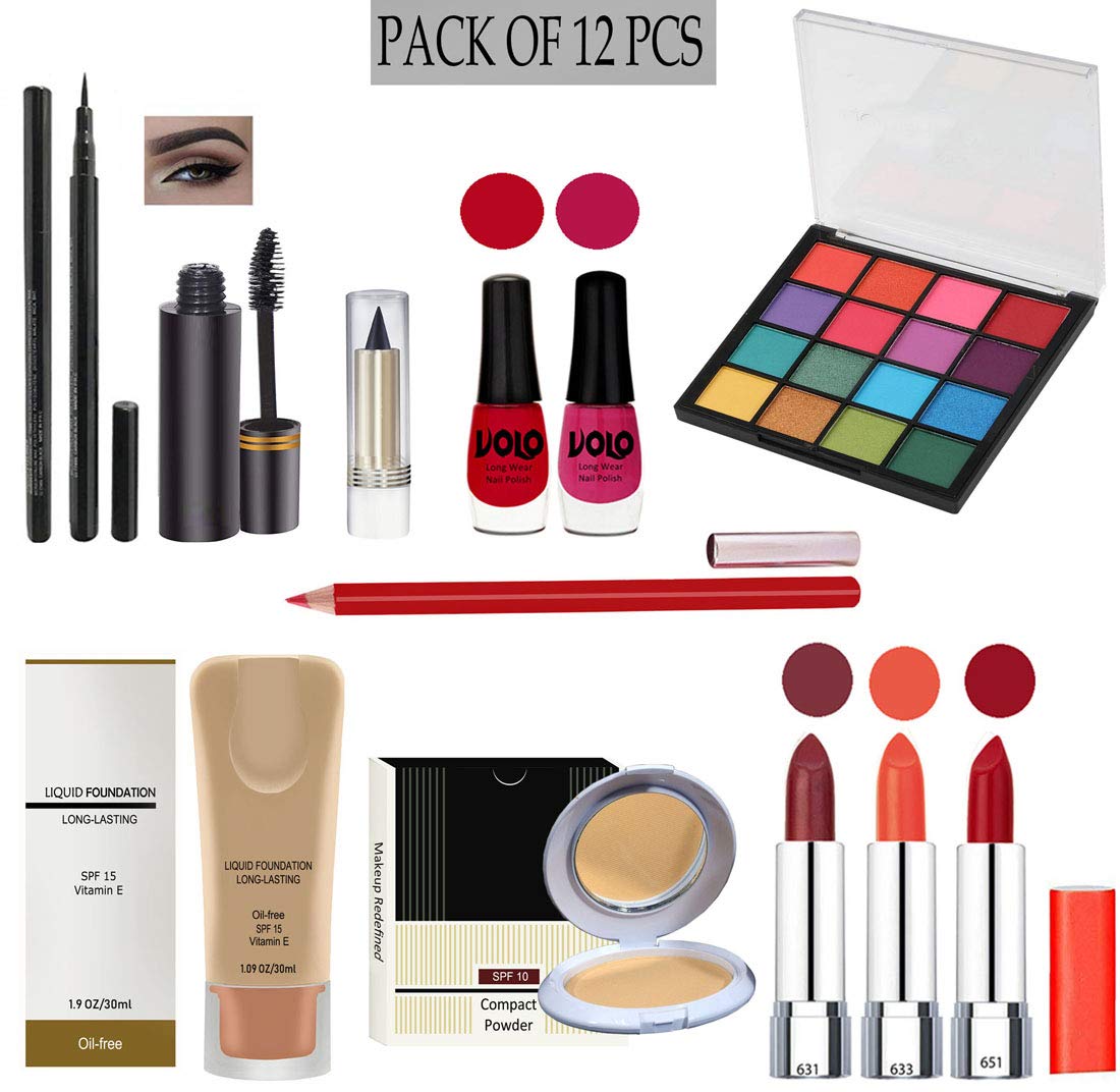 G4U Complete Makeup Kit for Women - 12 Piece Set with 3 Lipsticks, Eyeliner, Mascara, Kajal, 2 Nail Polishes, 16 Color Eyeshadow Palette, Foundation, Compact Powder & Lipliner | Perfect for Everyday Makeup, Party Looks & Professional Makeup Artists