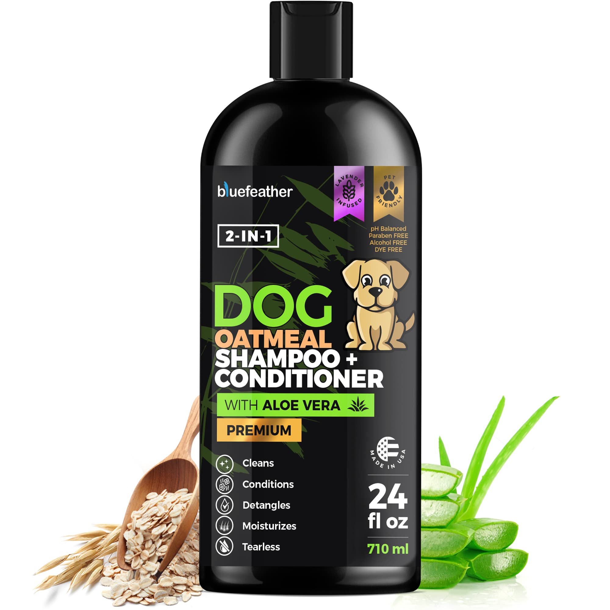 Lavender Oatmeal 2-in-1 Dog Shampoo & Conditioner for Dry Itchy Sensitive Skin - Hypoallergenic Pet Wash with Aloe Vera & Colloidal Oatmeal - Gentle Moisturizing Formula for Dogs, Puppies & Cats - 24 Fl Oz - Perfect for Bathing, Soothing & Deodorizing Pets at Home