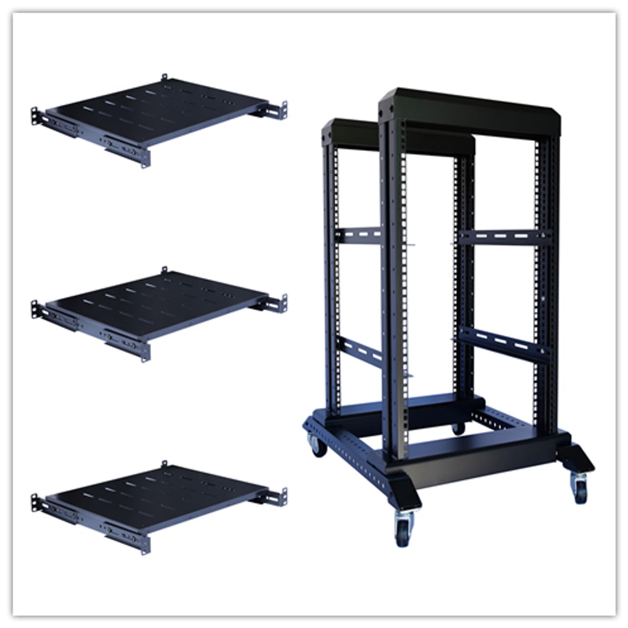 15U 4 Post Open Frame 19-Inch Server Rack | Heavy Duty Steel Audio Equipment Rack | 17-Inch Depth with 3 Adjustable Shelves | Perfect for Data Centers, Home Studios & Network Installations