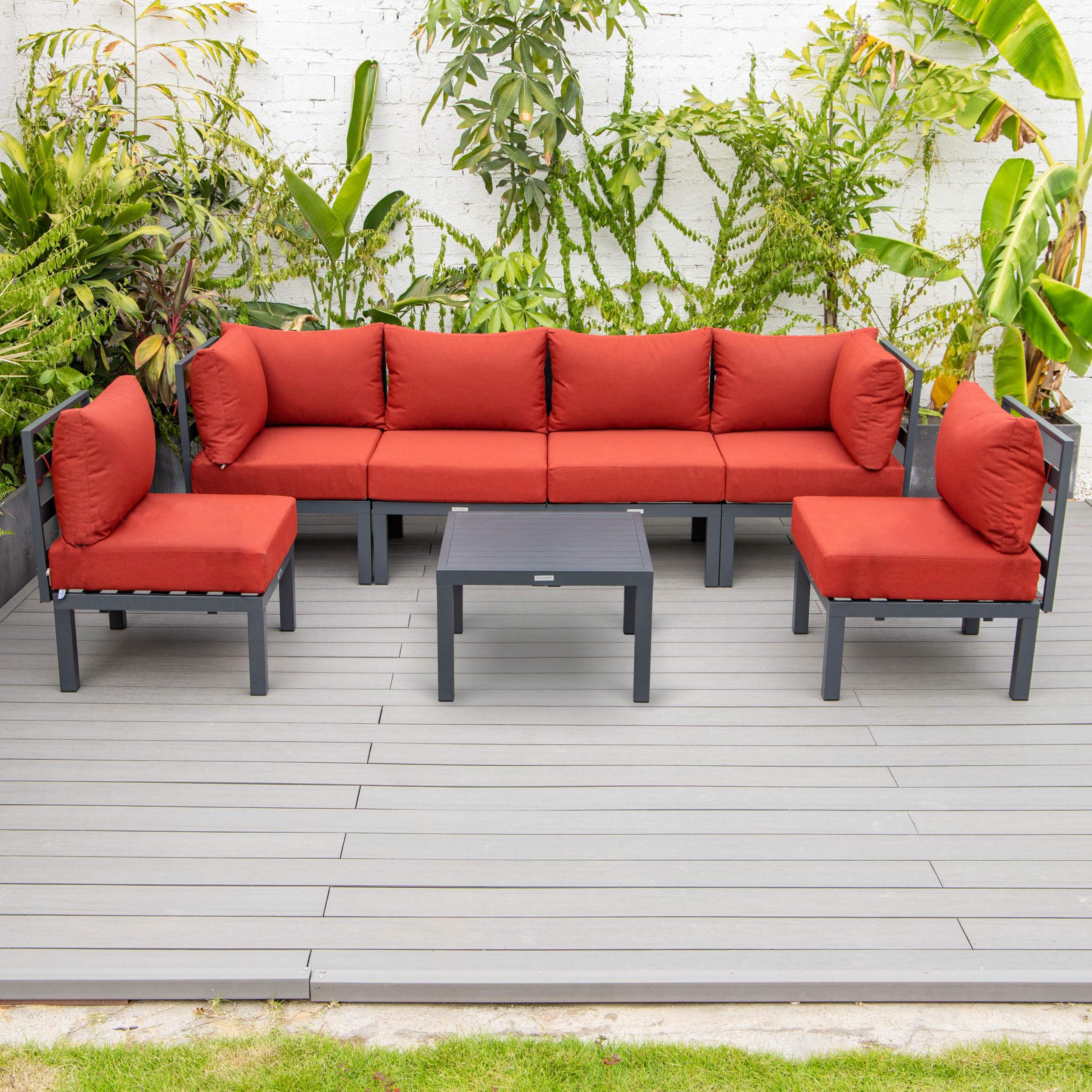 LeisureMod Chelsea 7-Piece Outdoor Patio Conversation Set - Aluminum Sectional Sofa with Weather-Resistant Cushions & Coffee Table (Red) - Perfect for Backyard, Garden, Poolside & Terrace Relaxation
