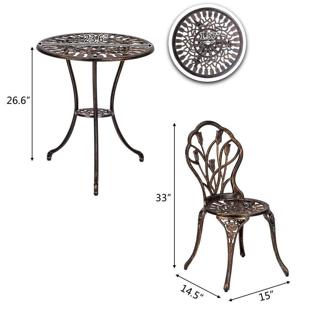 Amebee 3-Piece White Cast Aluminum Bistro Set - Rose Patio Chair & Table for Poolside, Backyard, Porch - Outdoor Reclining Furniture for Relaxing in Garden, Balcony or Terrace