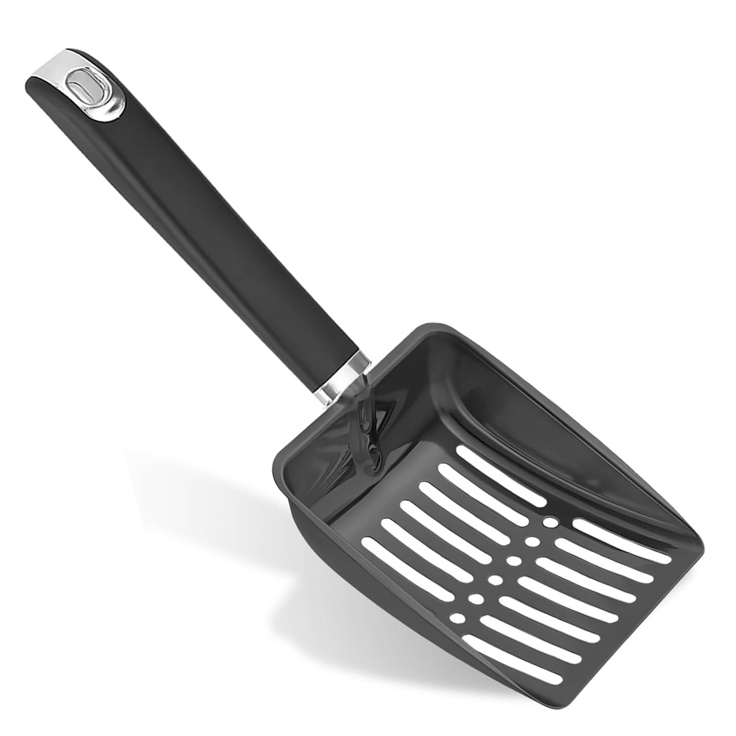Stainless Steel Cat Litter Scoop with Long Handle & Deep Shovel - Durable Metal Kitty Litter Scooper with Holes for Easy Cleaning - Perfect for Litter Box Maintenance and Odor Control (Black)