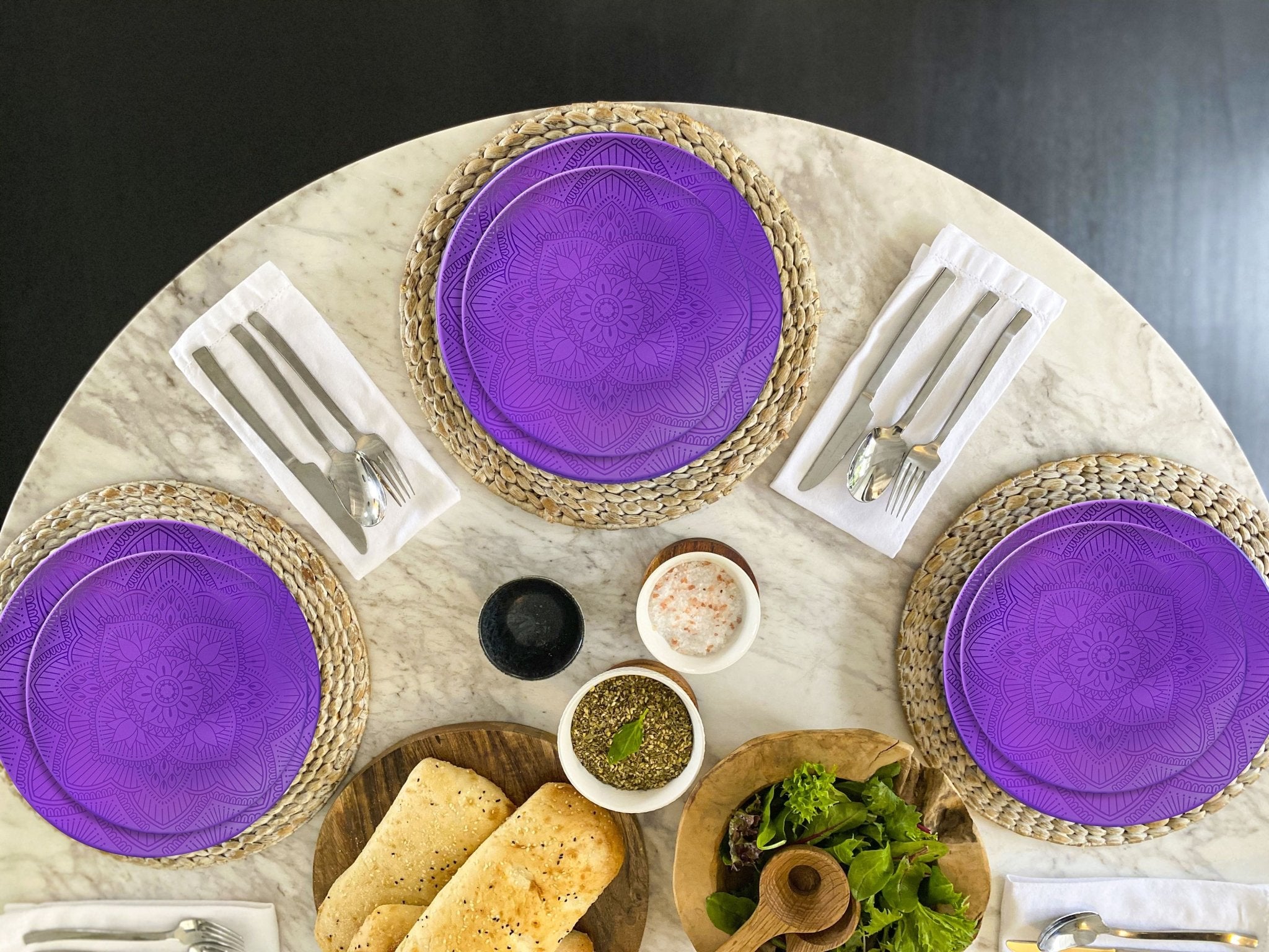 12-Piece La La Mandala Melamine Dinner Plate Set - Durable Purple Plates for Outdoor Picnics, Parties & Home Decor