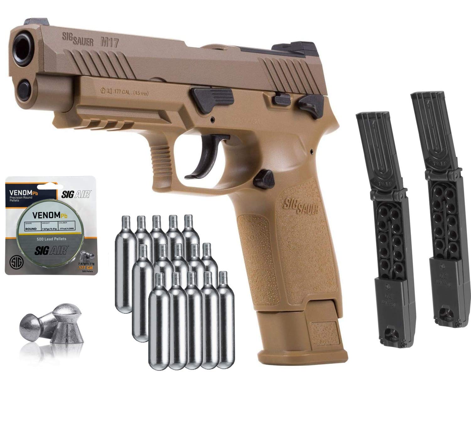 Sig Sauer M17 ASP .177 Cal Air Pistol in Coyote Tan - Includes 15 CO2 Tanks, 2 Rotary Belts & 500 Lead Pellets Bundle | Perfect for Target Practice, Plinking & Survival Training