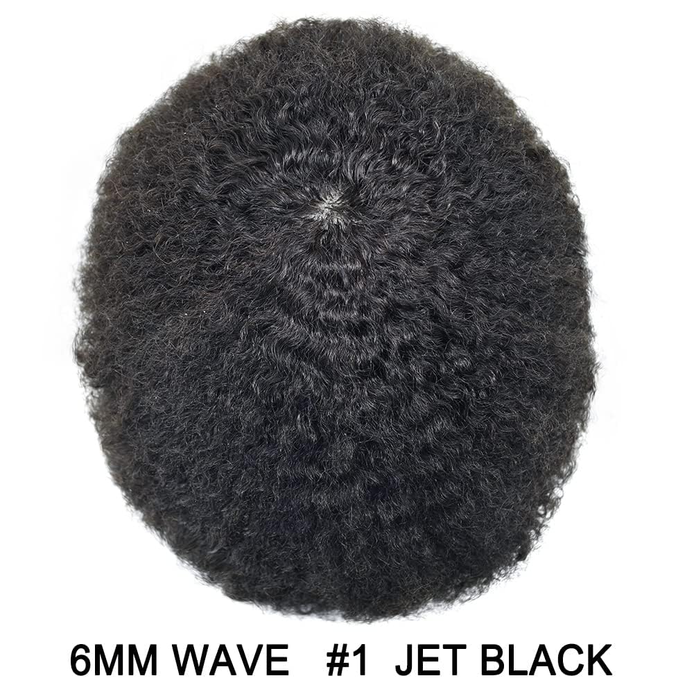 100% Human Hair Afro Toupee for Black Men - African American Curly Hair System with Injected PU Base (6mm Afro Wave, Jet Black) | Perfect for Daily Wear, Cosplay & Special Events
