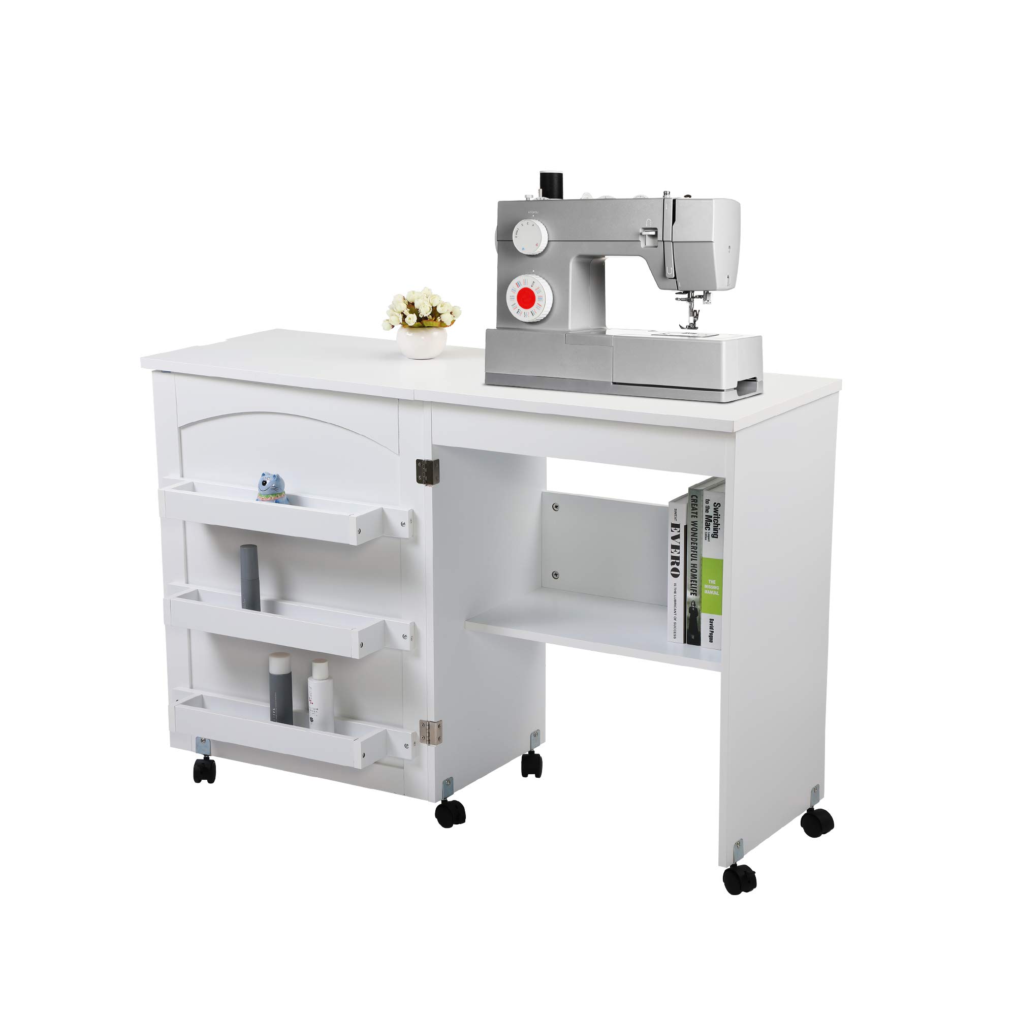 Foldable Sewing Table with Storage Cabinet & Lockable Wheels - Adjustable Portable Rolling Craft Desk for Small Spaces - Perfect for Apartments, Quilting, Sewing Projects & DIY Crafts - White