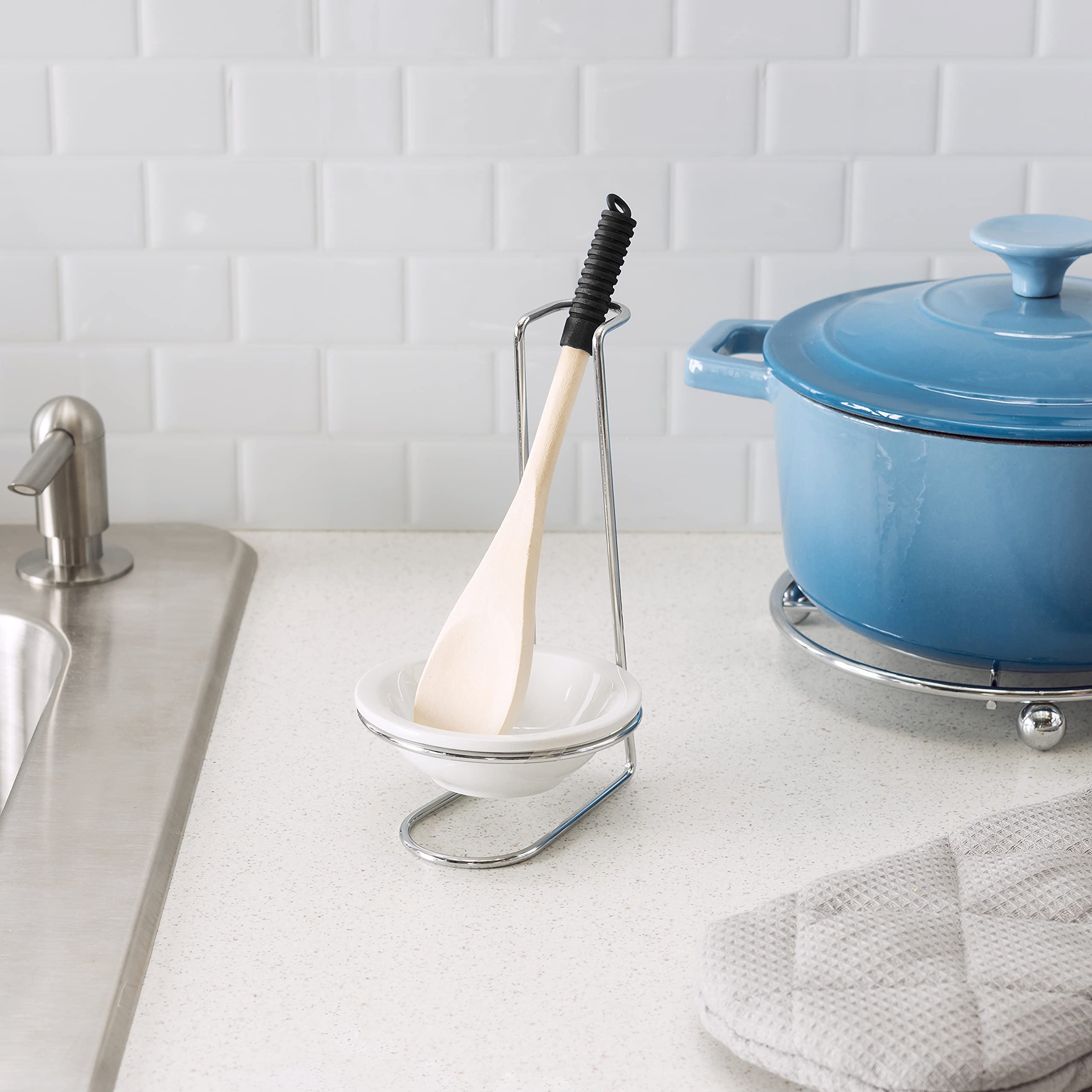 Home Basics Standing Spoon Rest with Ceramic Tray & Wooden Spoon Holder - Kitchen Countertop Organizer for Spatula, Ladle & Utensils - Chrome Finish (2-Pack, Ceramic) - Perfect for Stovetop, Cooking & Meal Prep