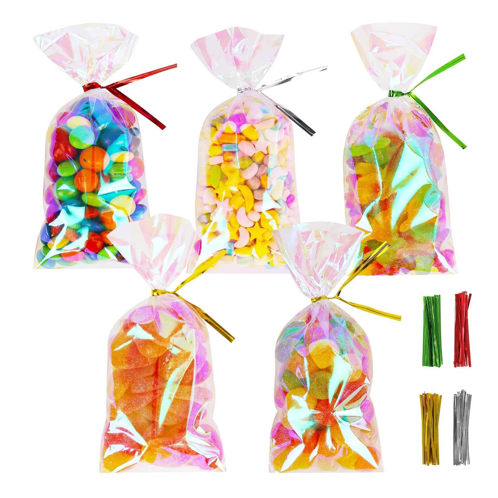Iridescent Holographic Cellophane Treat Bags 3x6.5 Inches - Clear Cello Goodie Bags with Twist Ties for Birthday Party Favors, Valentines, Halloween, Christmas & Weddings - Perfect for Candy, Cookies, Small Gifts and Party Decorations