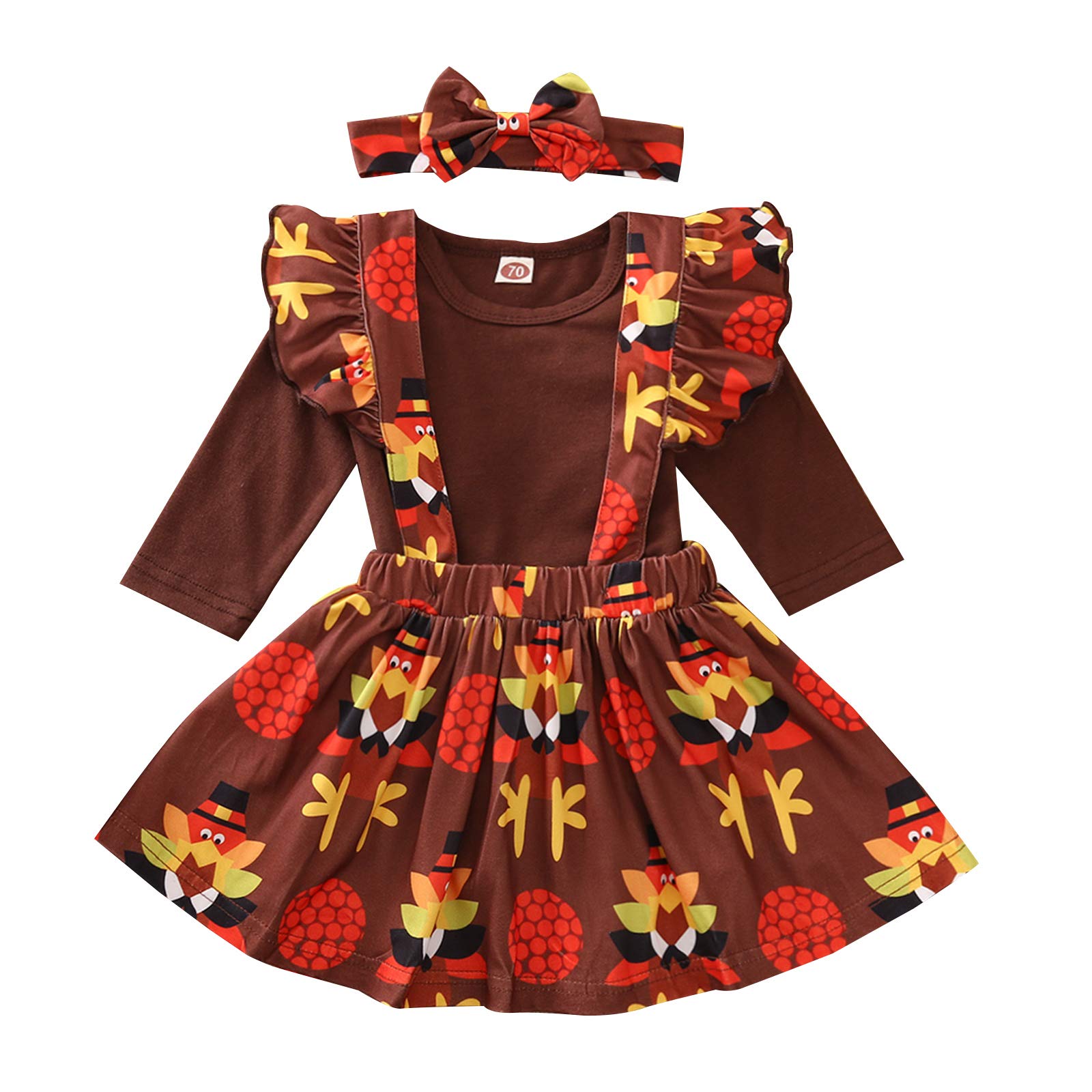 Halloween Baby Girl Outfit - Brown Ruffle Long Sleeve Romper with Turkey Print Suspenders Skirt Set | Cute Thanksgiving & Fall Photoshoot Costume