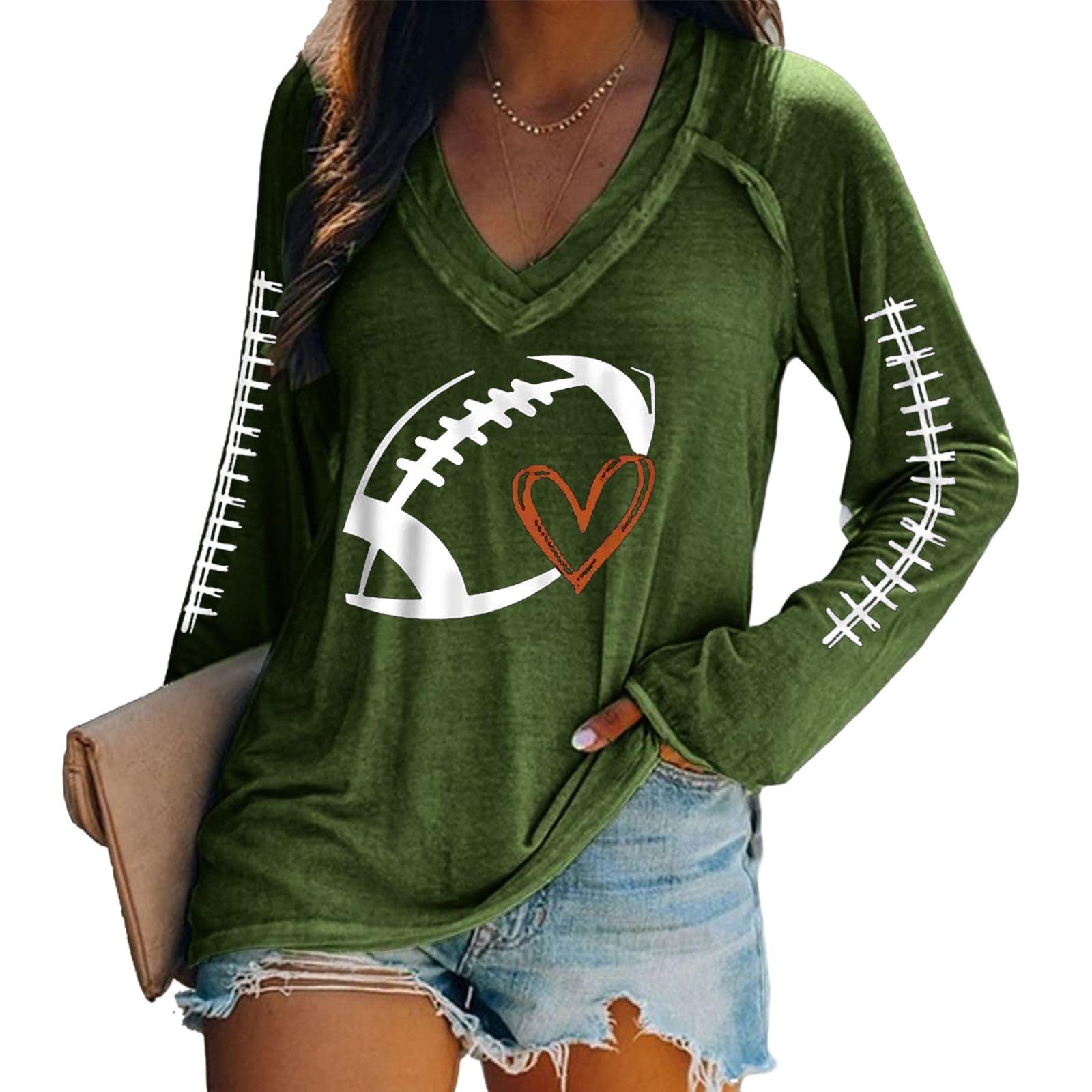 Women's Football Game Day Shirts - Heart Print Lightweight Long Sleeve Crewneck Pullover Hoodie - Perfect for Football Moms, Tailgating & Fan Apparel