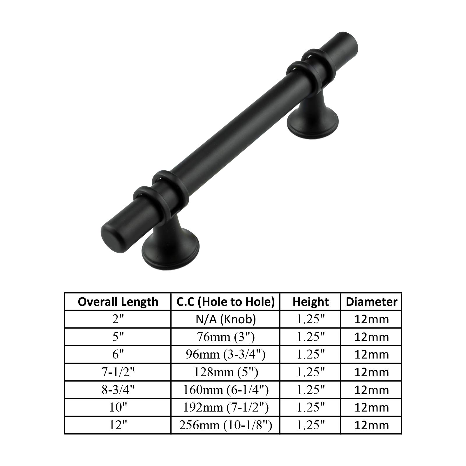 12-Pack Matte Black T-Bar Handles for Kitchen Cabinets & Dressers
