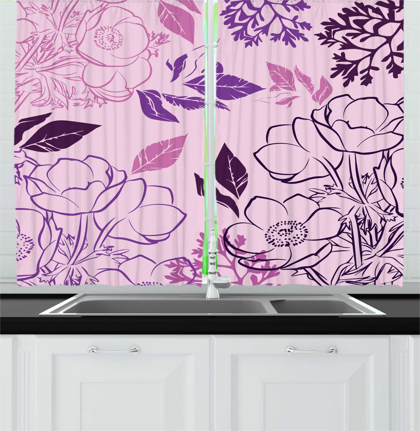 Ambesonne Floral Long Kitchen Curtains - Spring Peony Flower Meadow Design, Pastel Pink Purple Plum Drapes with Rod Pocket, 55