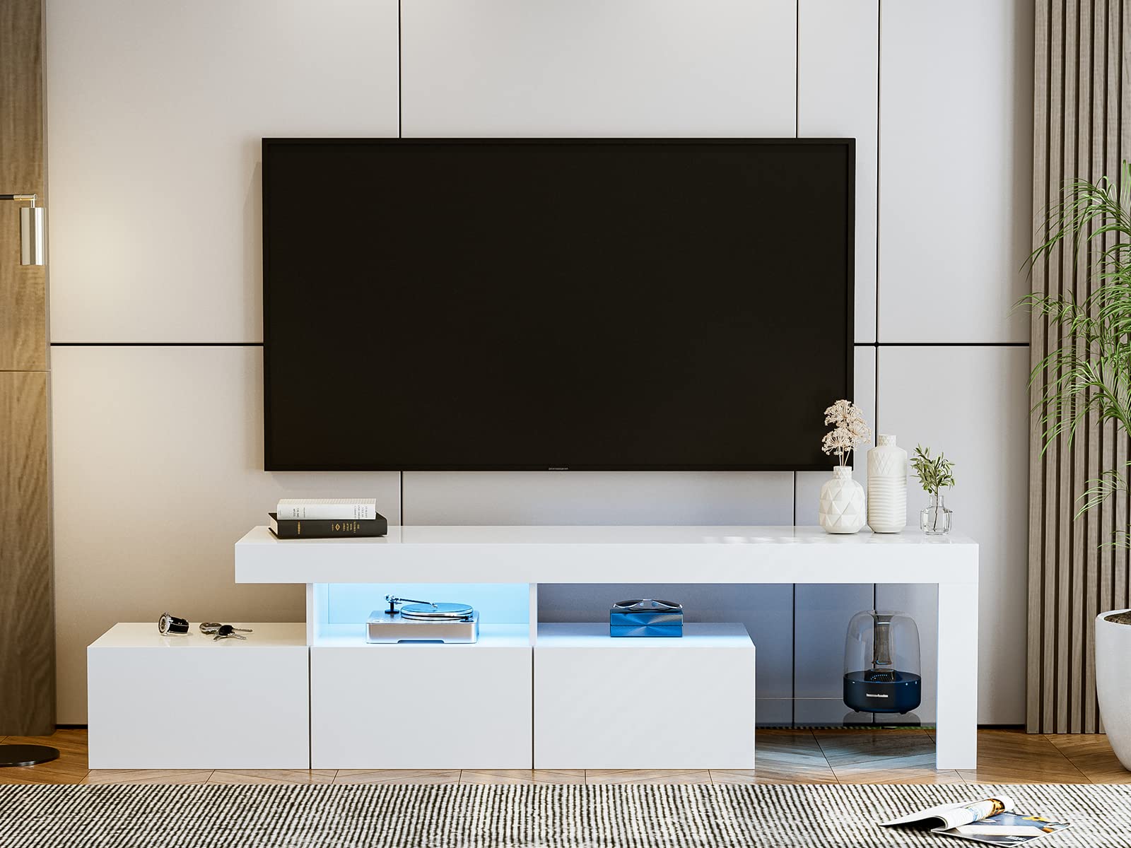 IKIFLY 75 Inch LED TV Stand with 3 Cabinets - High Glossy Modern Entertainment Center & Media Console for Living Room - White - Perfect for Home Theater & Living Room Organization