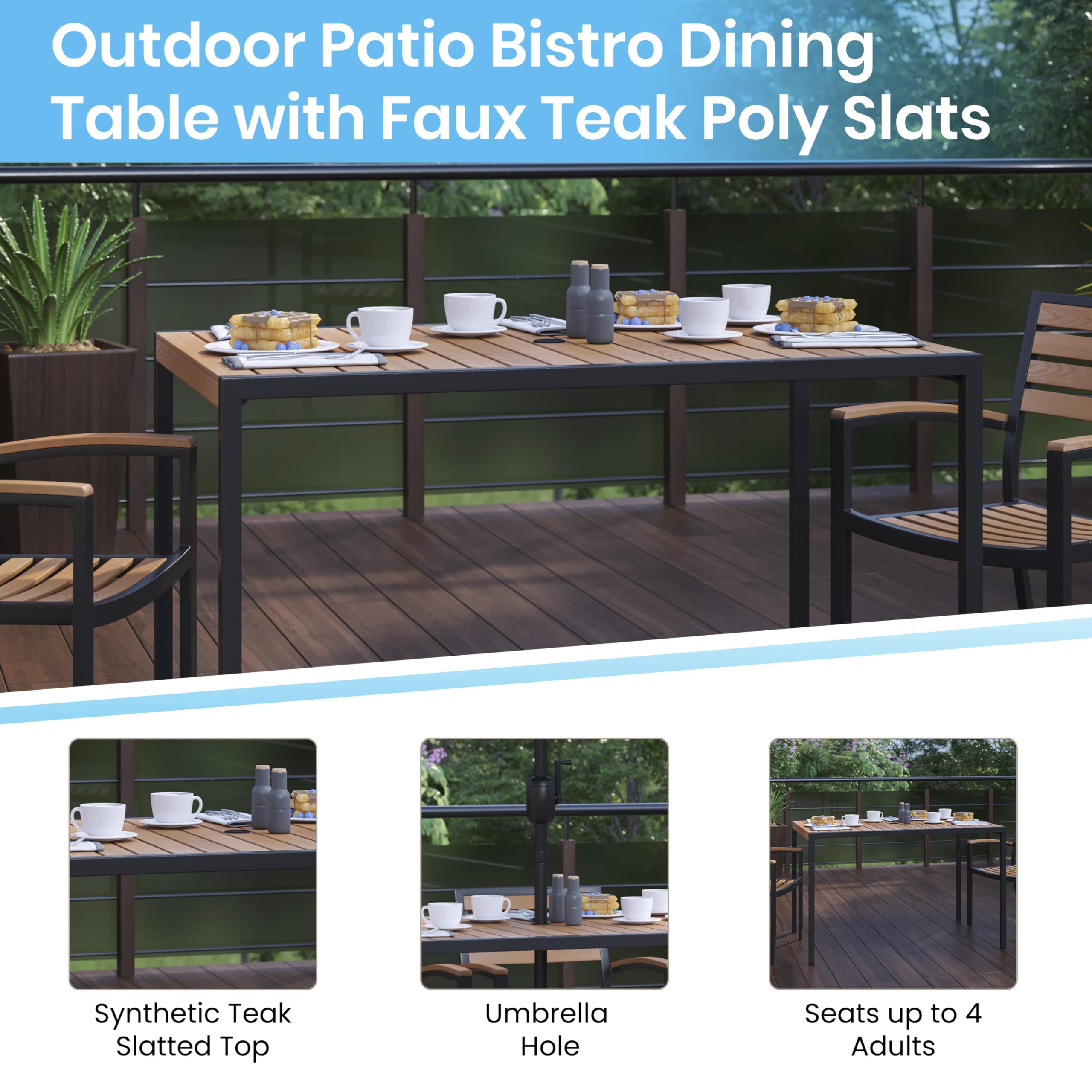 EMMA + OLIVER 30x48 Inch Outdoor Steel Dining Table with Umbrella Hole - Weather-Resistant Faux Teak Poly Slatted Top & Black Frame - Patio Furniture for 4 Adults - Perfect for Backyard, Deck, Poolside Dining