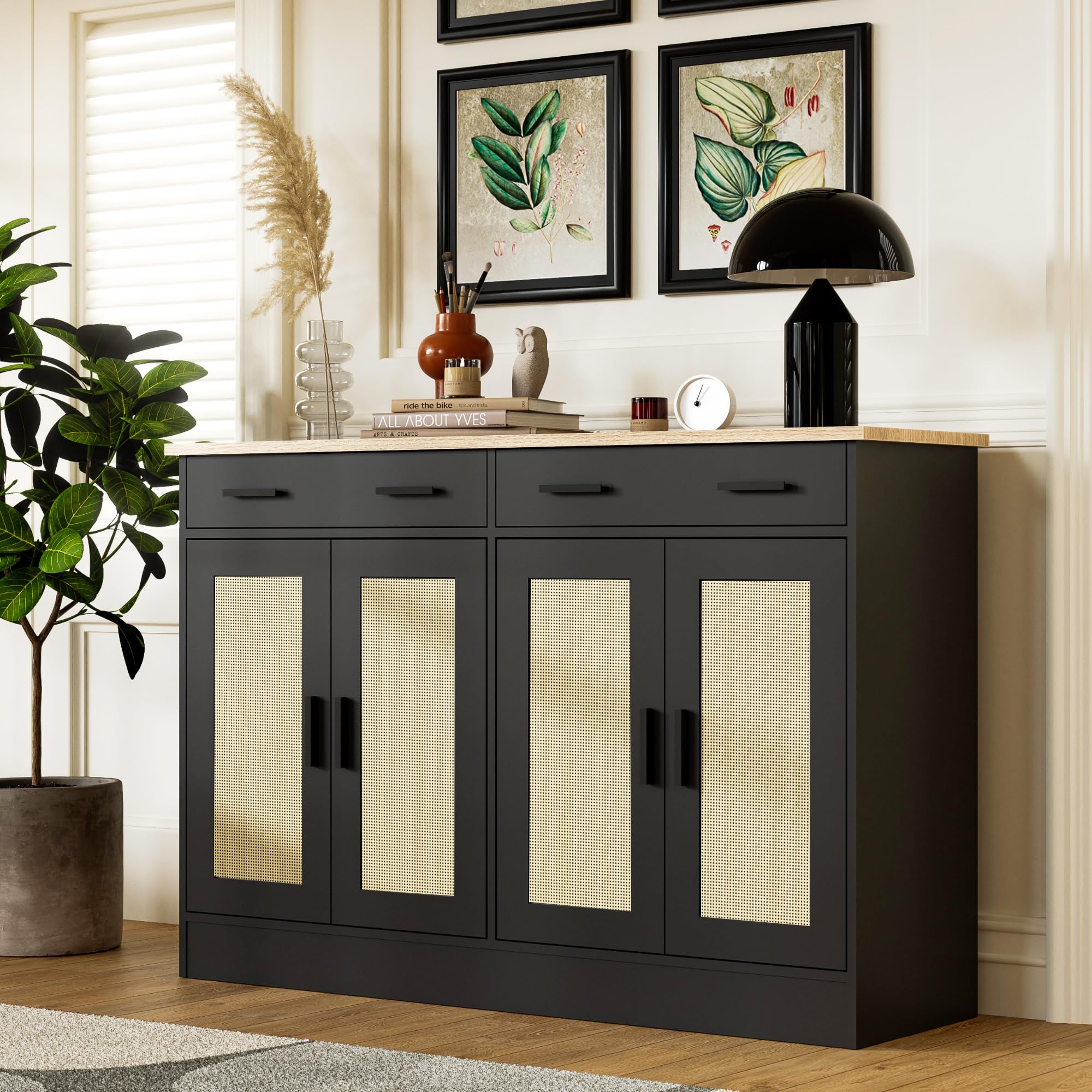 Stylish Black Rattan Buffet Cabinet with 2 Drawers & 4 Doors - Coffee Bar & Kitchen Storage Sideboard for Living Room, Dining Room | Perfect for Home Decor, Entertaining & Small Space Organization