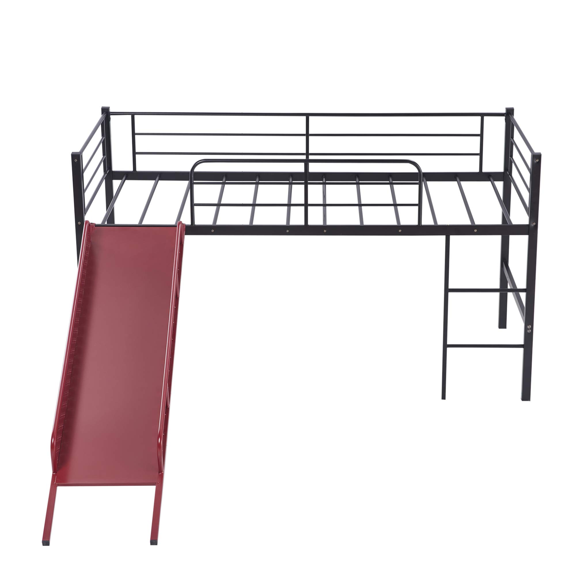 **Kids Twin Loft Bed with Slide - Sturdy Metal Low Loft Bed, Built-in Ladder & Safety Guard Rail, Multifunctional Space-Saving Design, No Box Spring Required (Red) - Perfect for Small Bedrooms, Playrooms & Dorm Rooms**