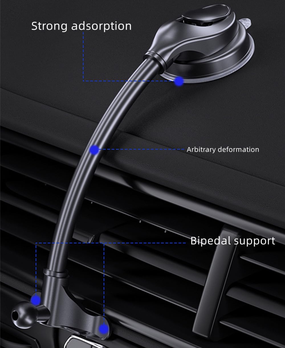 Universal Car Phone Holder - Adjustable Metal Hose Dashboard & Windshield Mount for iPhone, Samsung (4.5-6.7 Inch) | Secure Hands-Free Driving Accessory for GPS Navigation & Road Trips