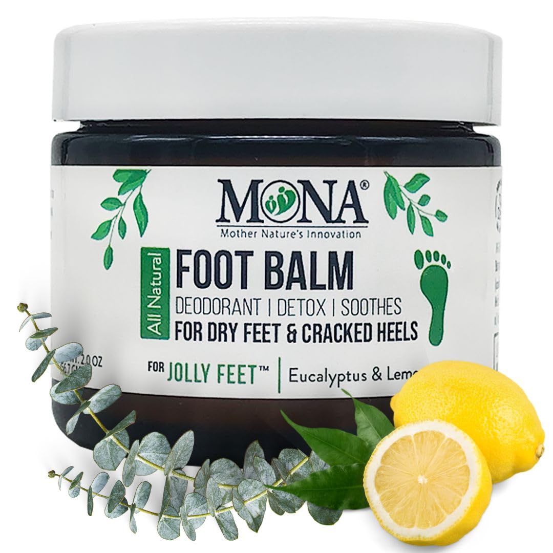 MONA Natural Foot Balm for Dry Cracked Feet & Heels - Moisturizing Foot Cream for Athletes & Runners - Callus Repair & Foot Odor Treatment with Eucalyptus & Lemon - 2.0 Oz - Perfect for Post-Workout Recovery & Daily Foot Care