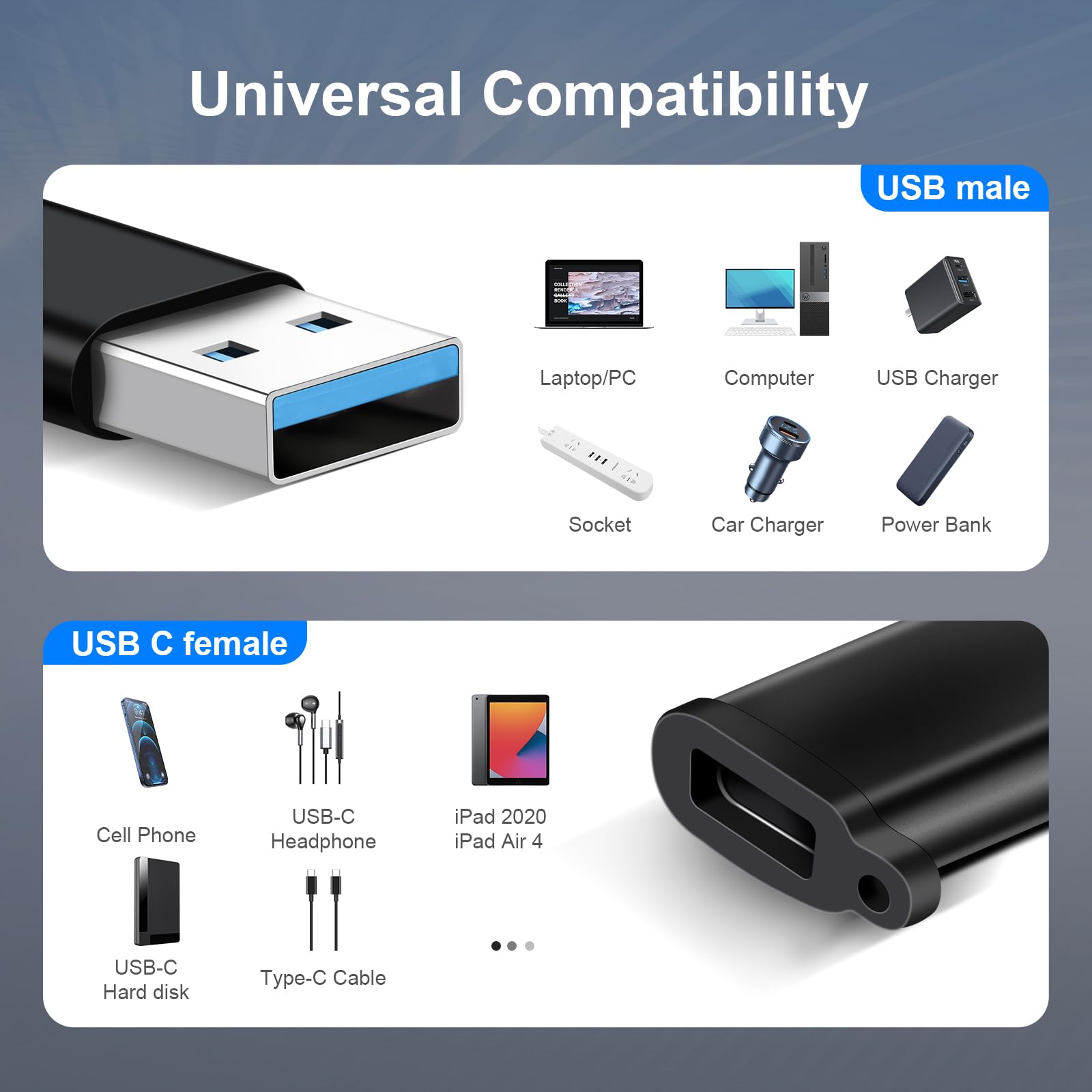 Aolcev 3-Pack USB to USB C Adapter - Type C Female to USB A Male Converter for iPhone 16/15/14/13/12 Pro Max Plus, Samsung Galaxy S25/S24, iPad 10/9/Air 6/5/Mini 7/6 - Fast Car Charging & Data Transfer for Travel, Office & Home Use